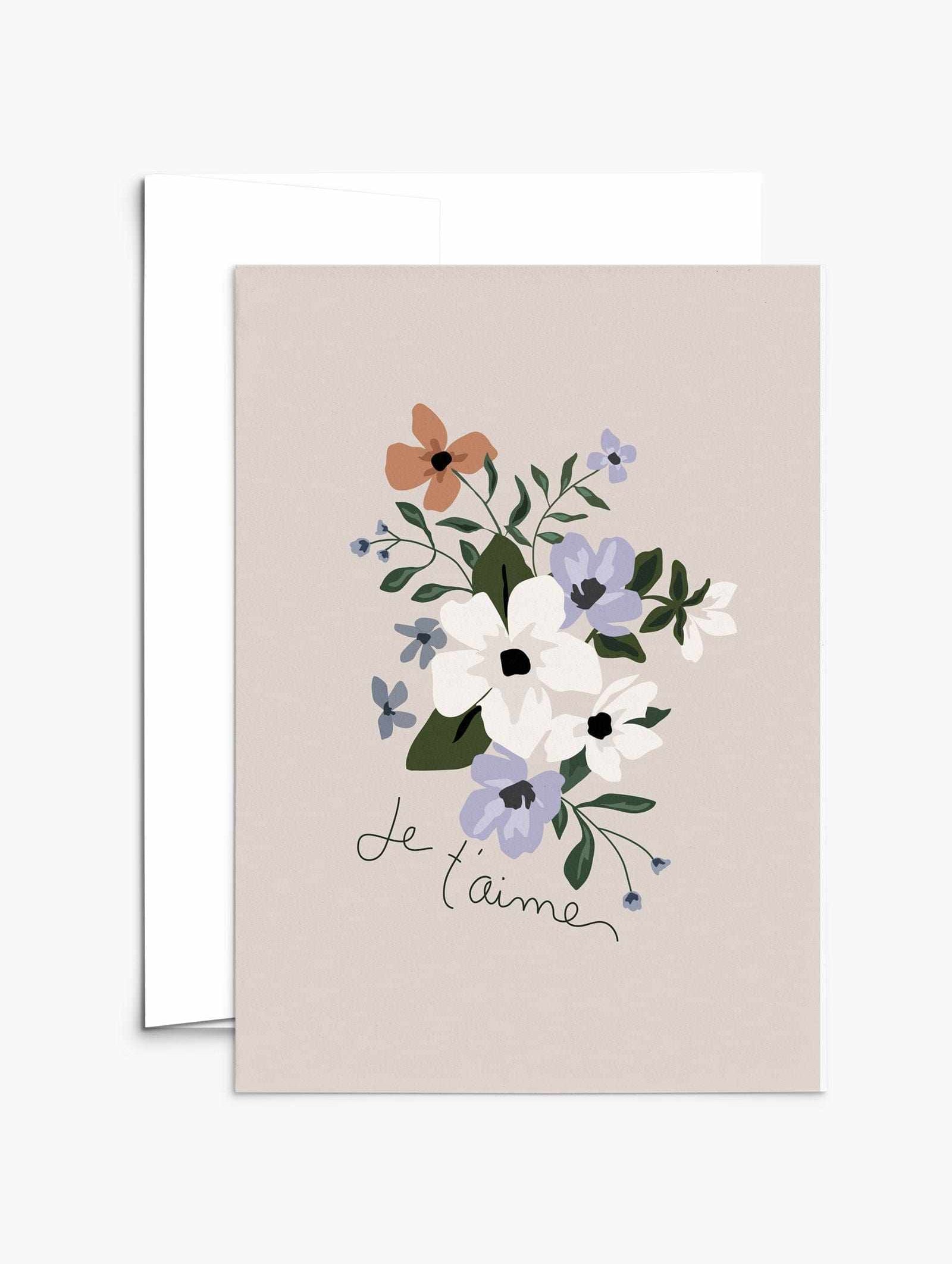 Je t'aime Greeting Card with floral design on recycled paper in white envelope