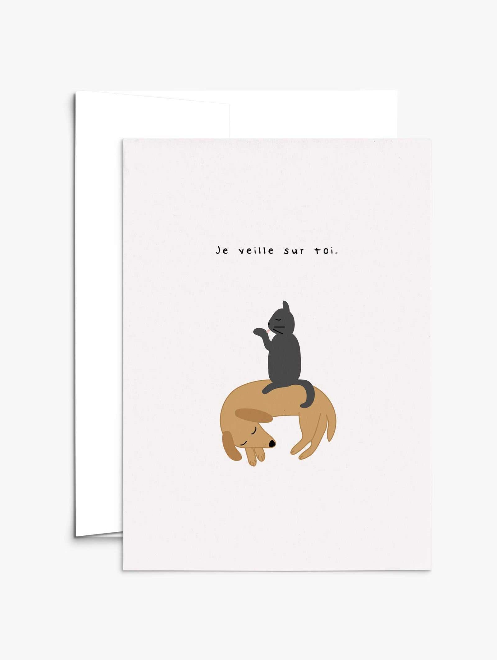 Je veille sur toi greeting card with recycled paper and compostable packaging