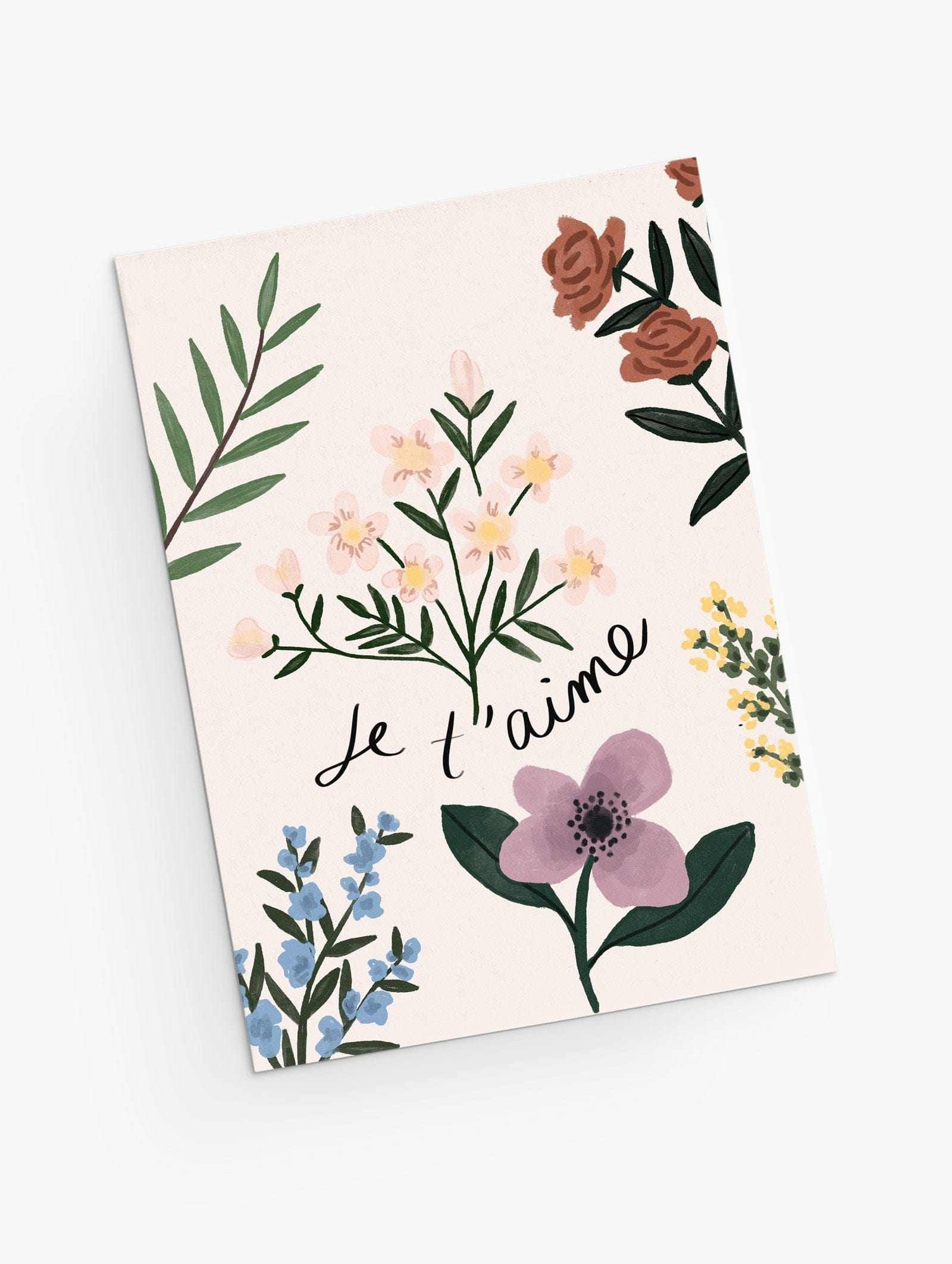 Floral greeting card saying I love you- French version- By Mimi & August
