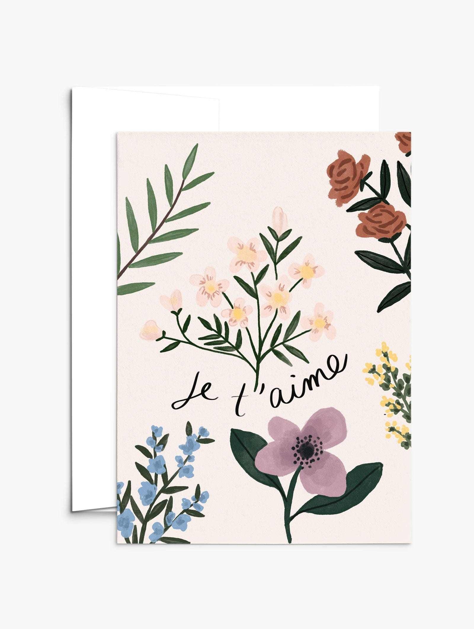 Je t'aime jardins de fleurs floral greeting card with recycled paper and compostable packaging