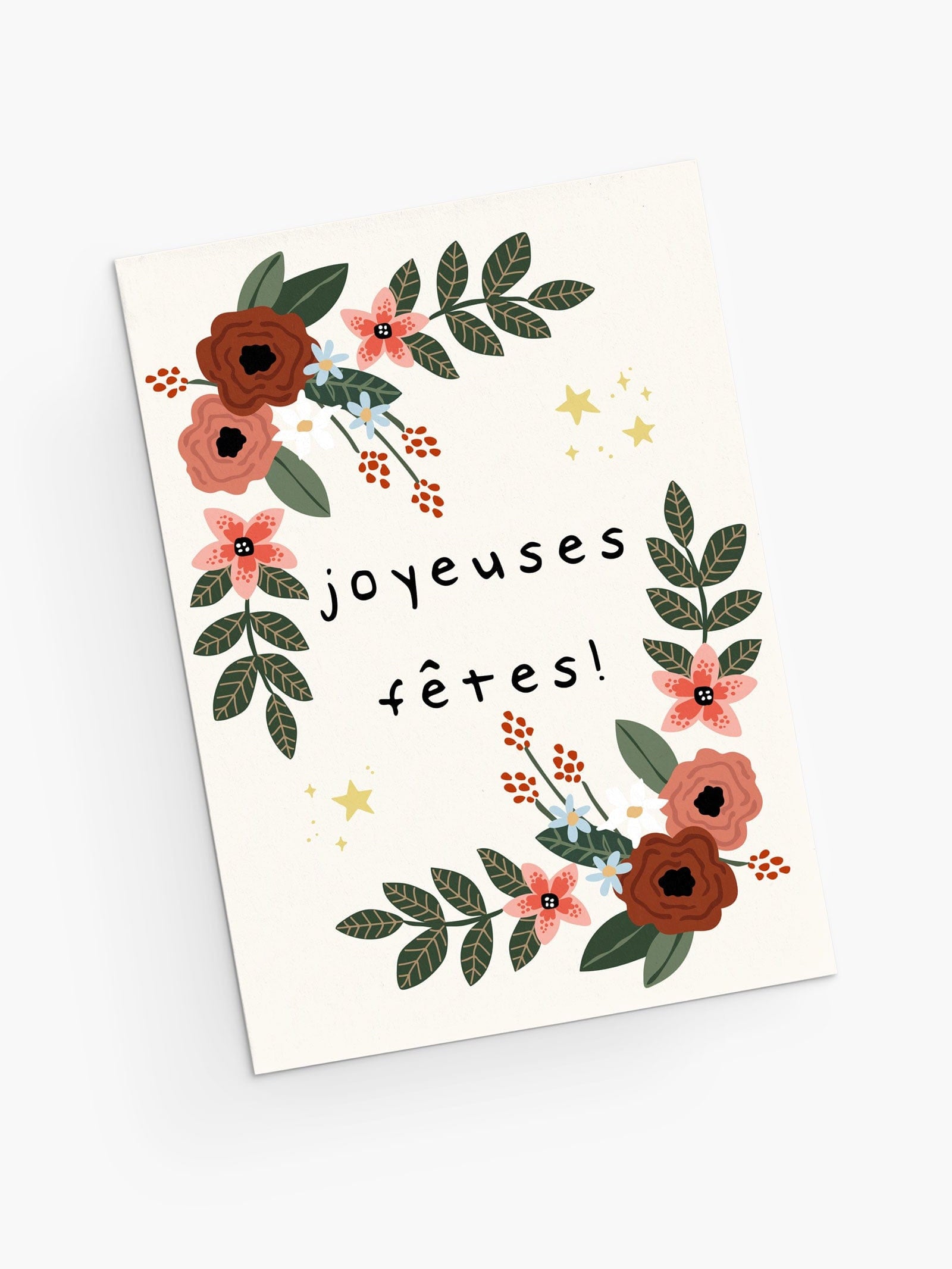 Hoidays greeting cards with beautiful flowers and shiny stars. By Mimi & August