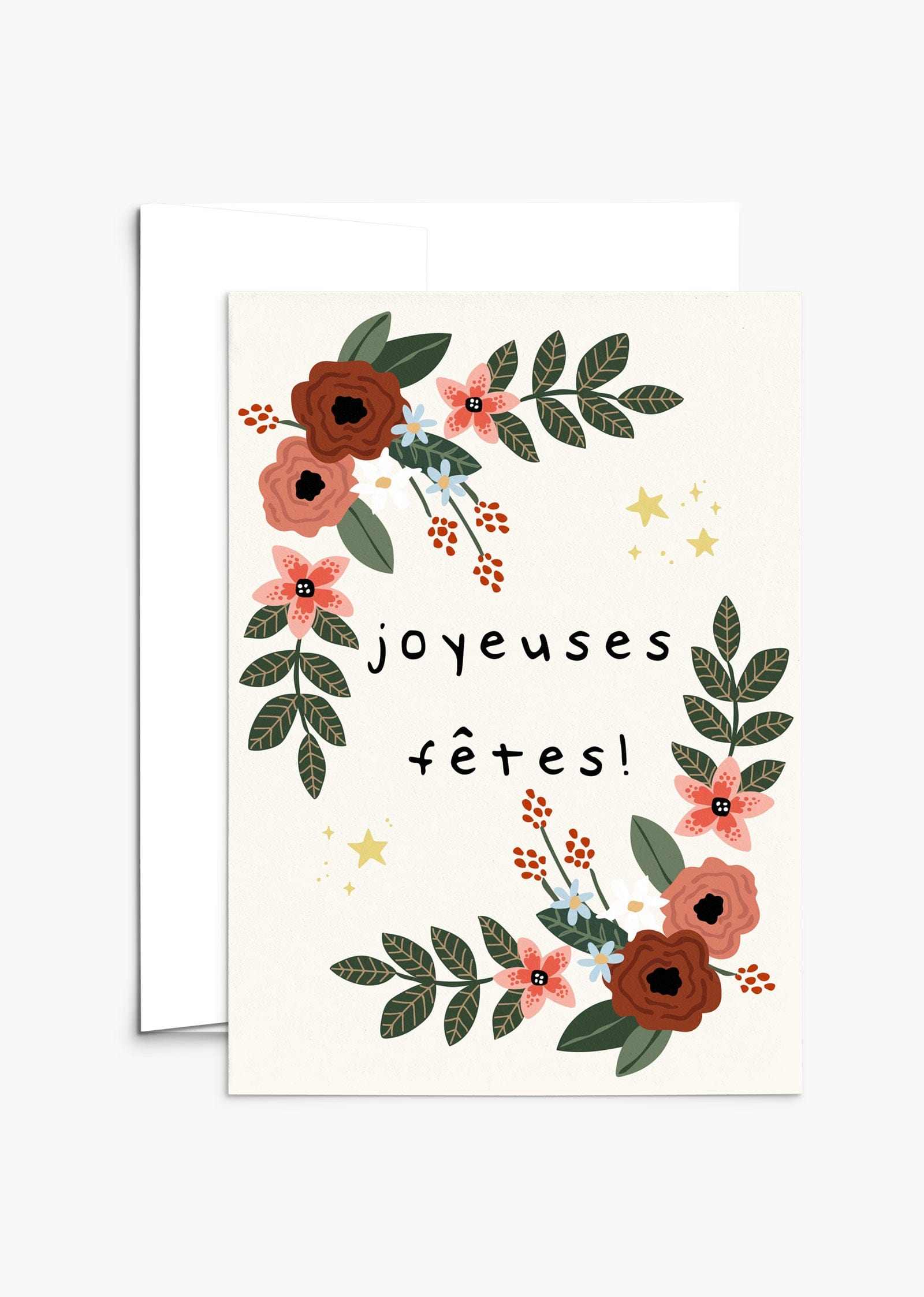 Joyeuses Fêtes greeting card on recycled thick matte cardstock with white envelope and compostable packaging