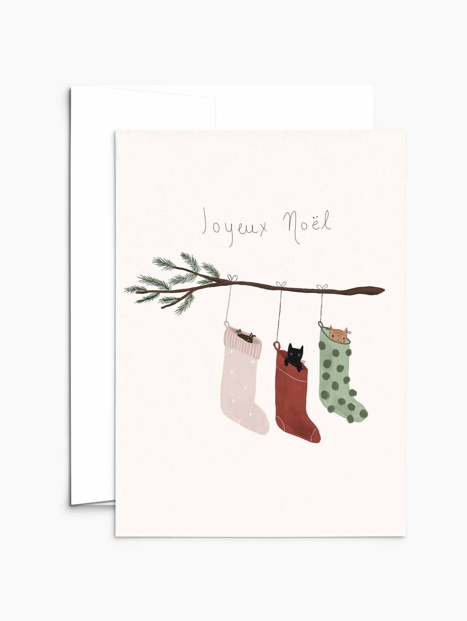 Joyeux Noël Bas greeting card 5x7 recycled paper thick matte cardstock with white envelope and compostable packaging