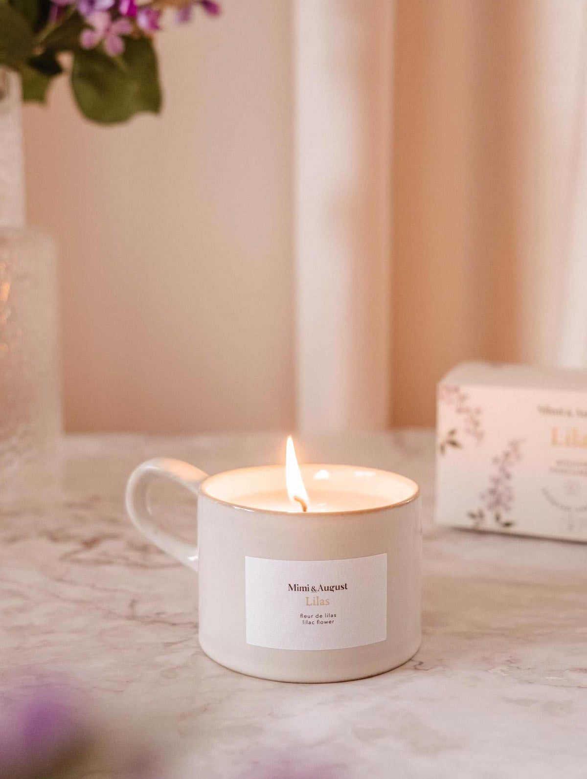 Lilac reusable candle in speckled gray cup with calming lilac scent for aromatherapy and home decor