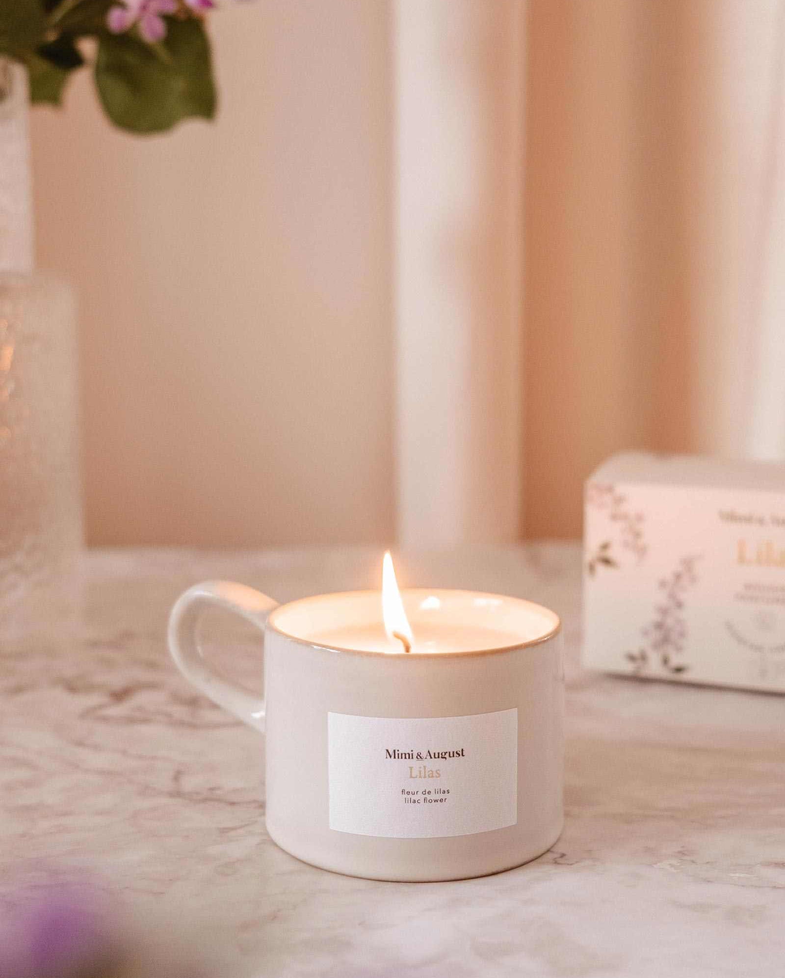 Lilac reusable candle in speckled gray cup with calming lilac scent for aromatherapy and home decor
