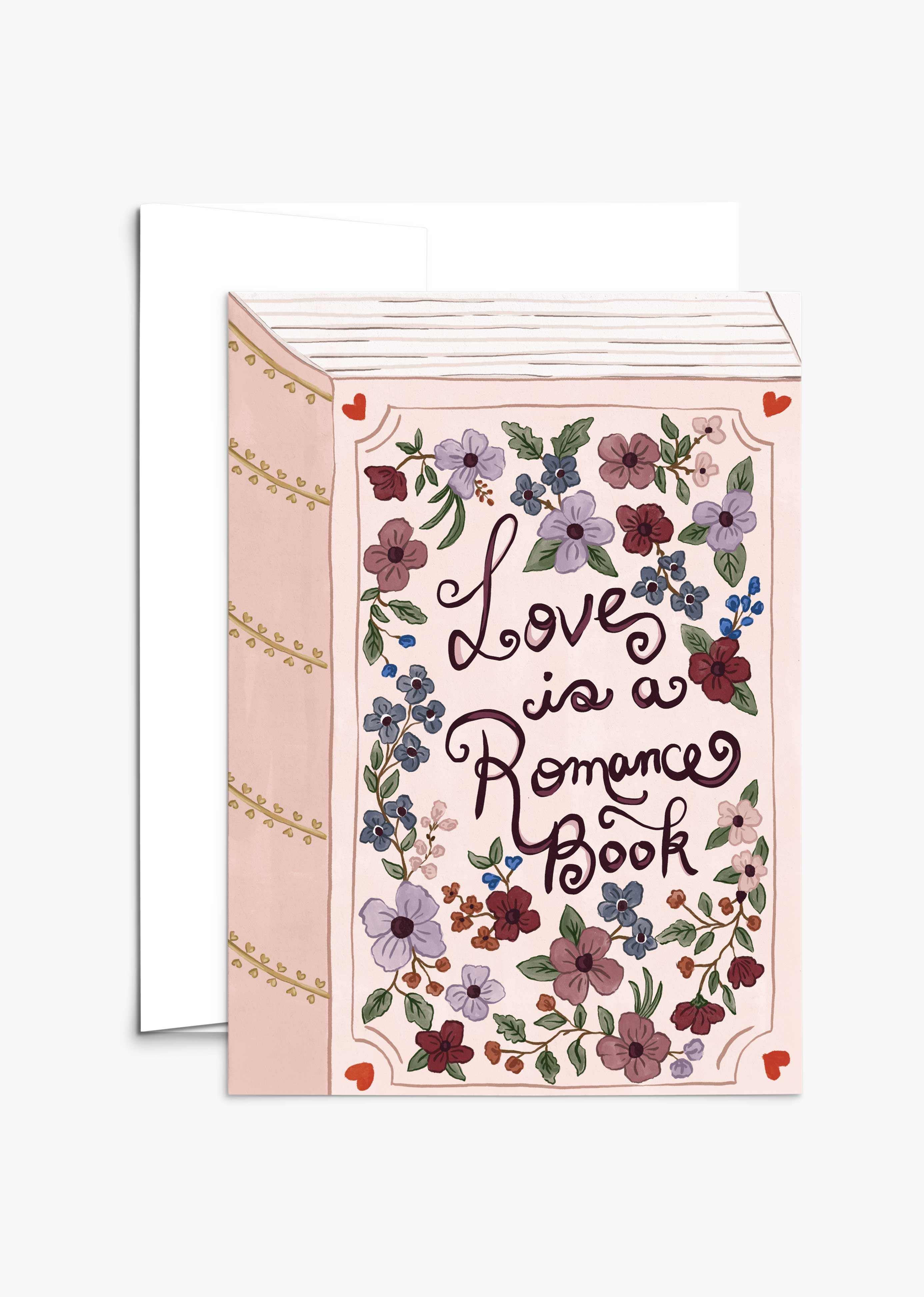 Love is a Romance Book Valentine’s Day greeting card with vintage book cover design and floral hearts.
