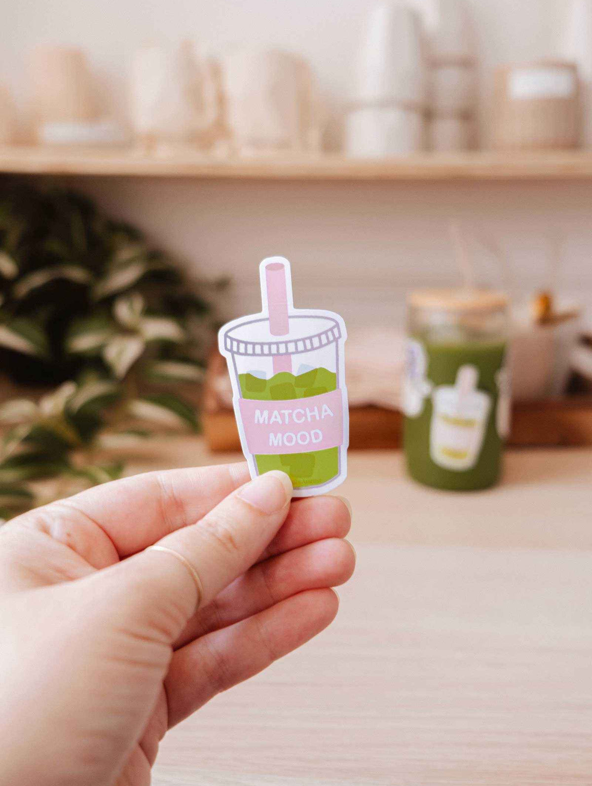 Matcha Mood vinyl sticker featuring iced matcha cup with durable, water-resistant matte finish