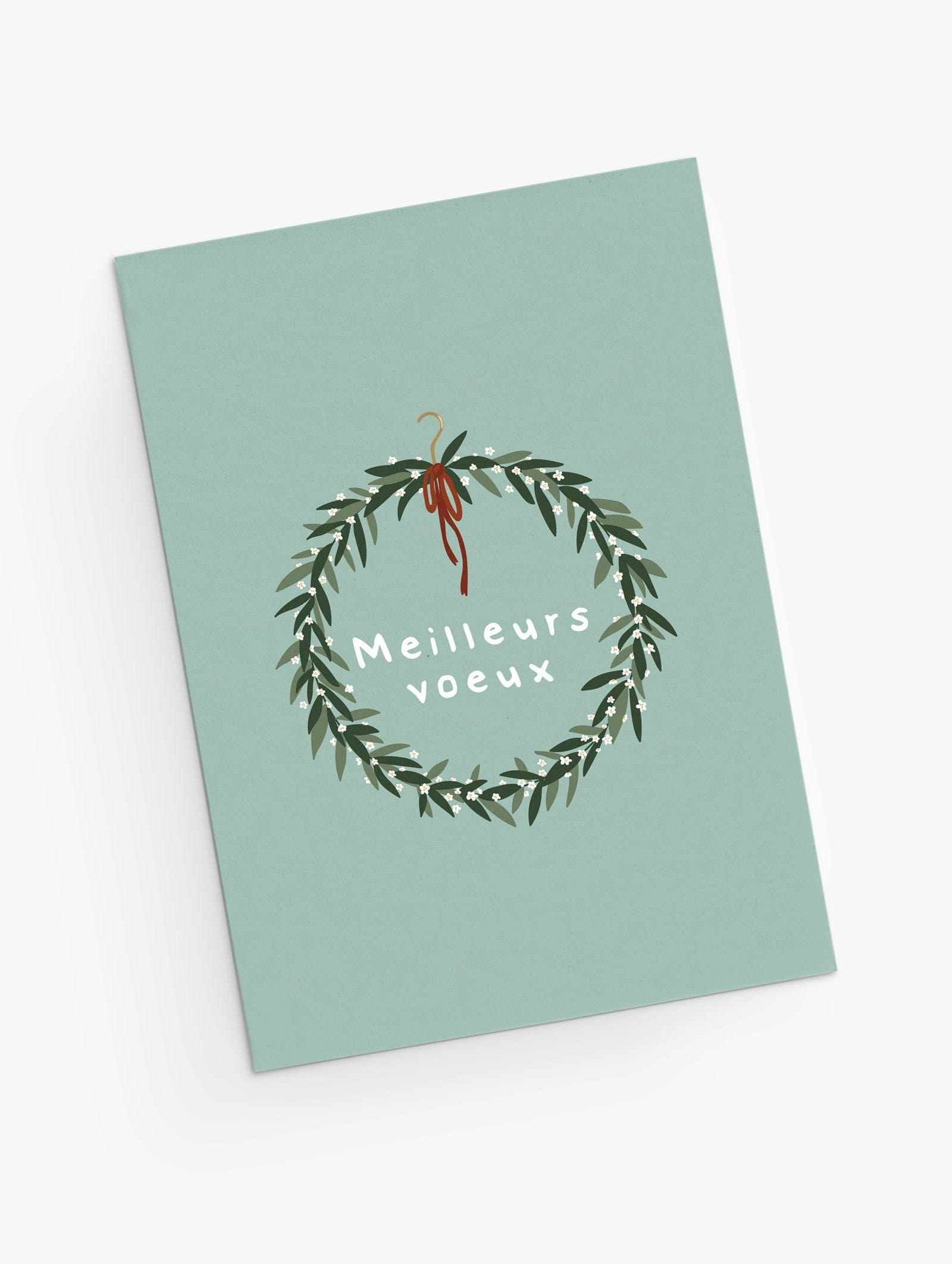 Christmas wreath greeting cards with small white flowers, wishing best wishes. By Mimi & August