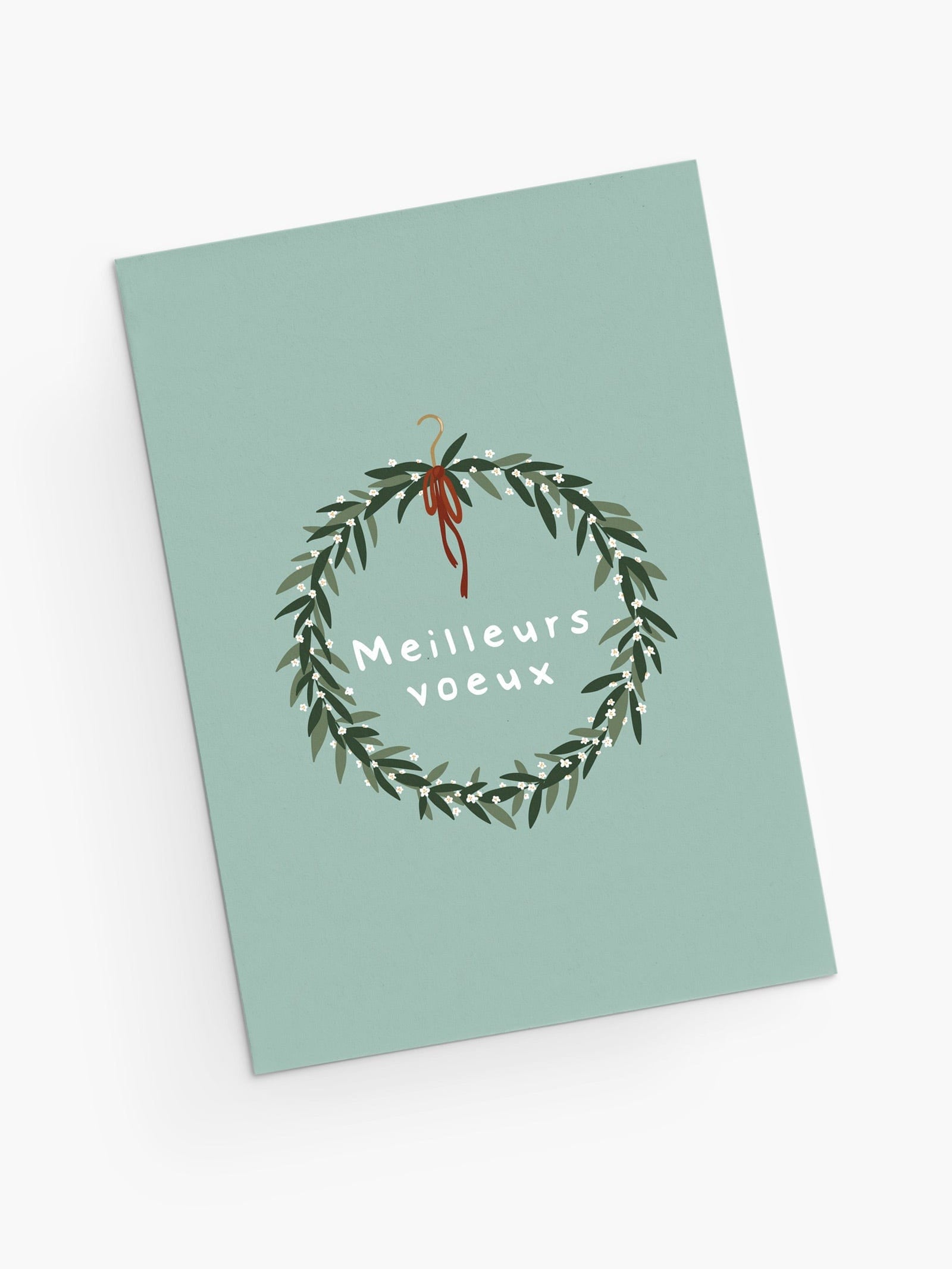 Christmas wreath greeting cards with small white flowers, wishing best wishes. By Mimi & August