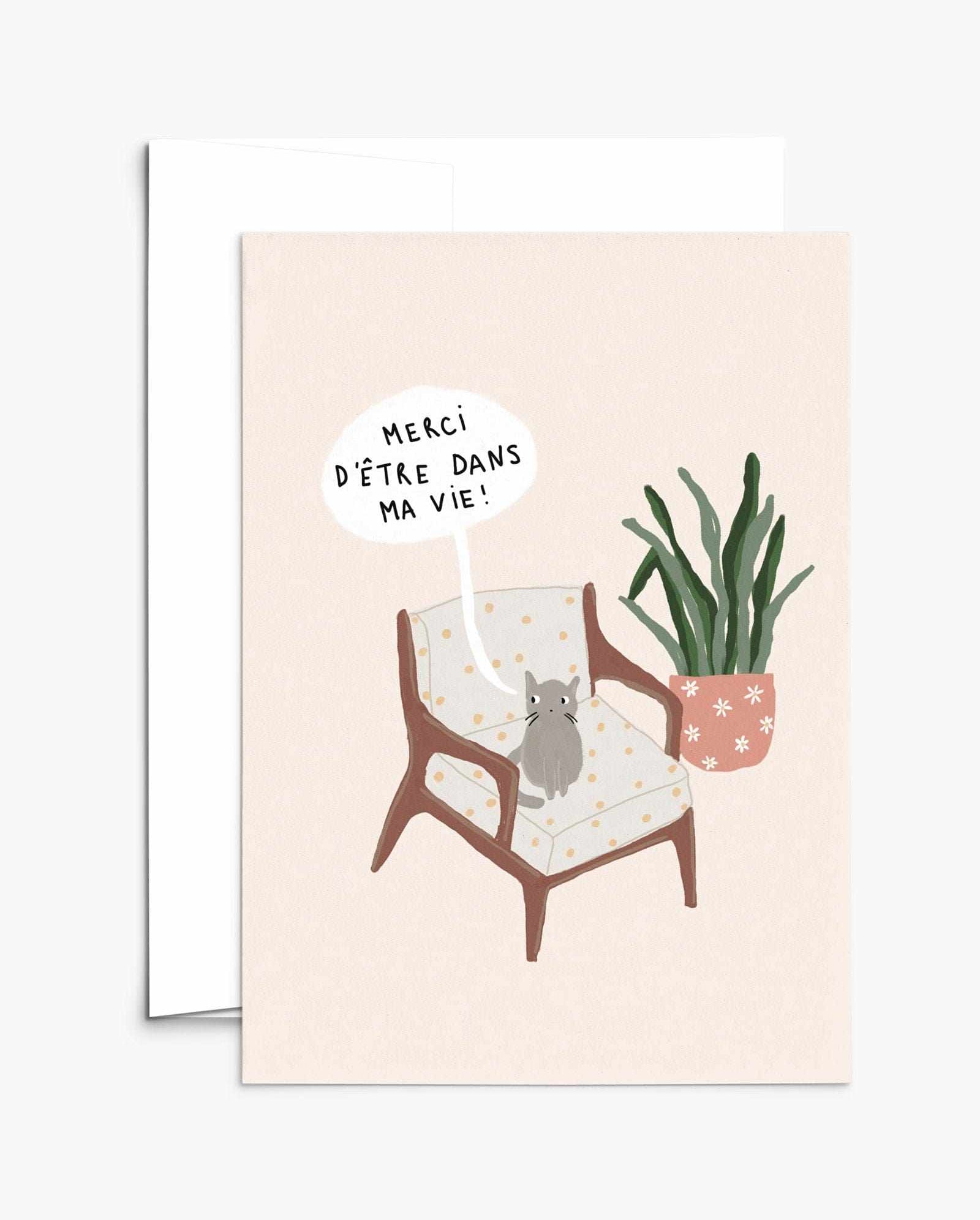 Thank You for Being in My Life greeting card with cozy cat on vintage armchair and houseplant