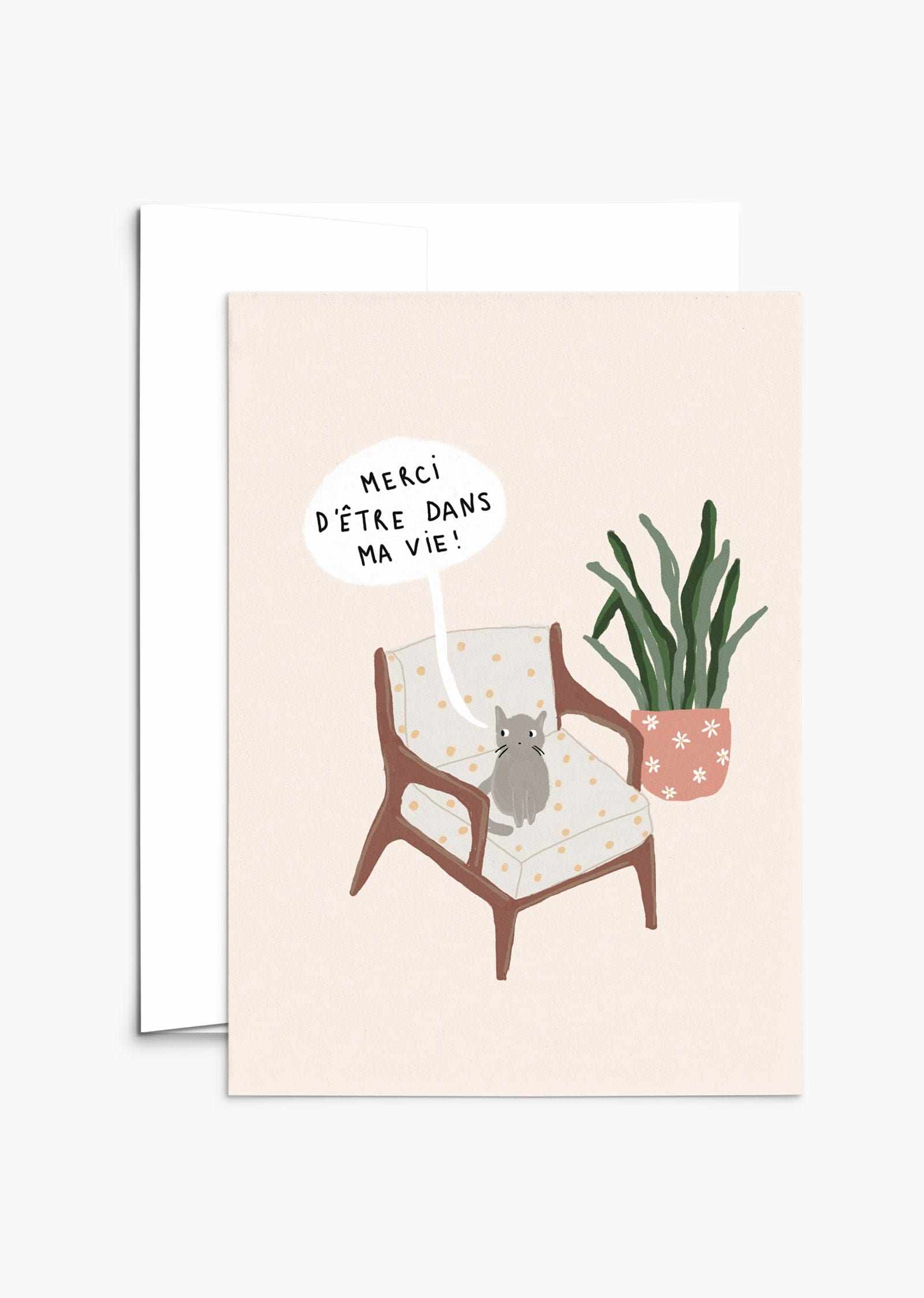 Thank You for Being in My Life greeting card with cozy cat on vintage armchair and houseplant
