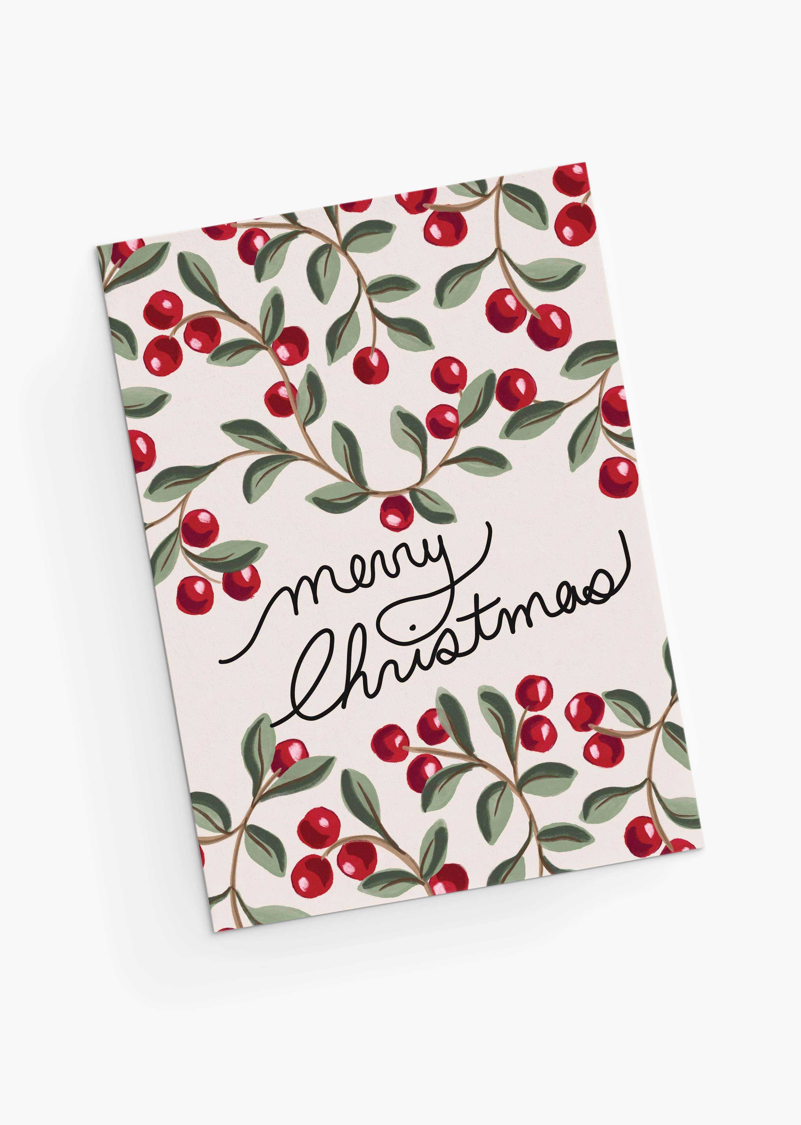 Merry Christmas Greeting Card with hand-painted red berries and green leaves on recycled matte cardstock