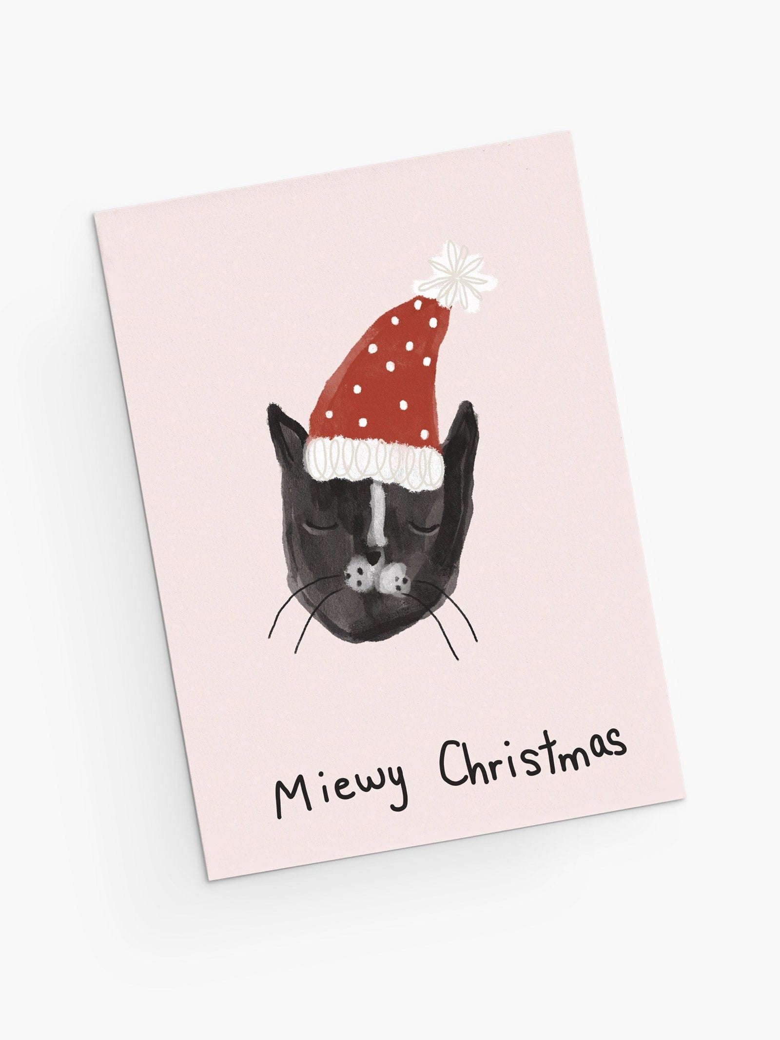 Holiday cat with santa hat wishing you a miewy christmas! By Mimi & August