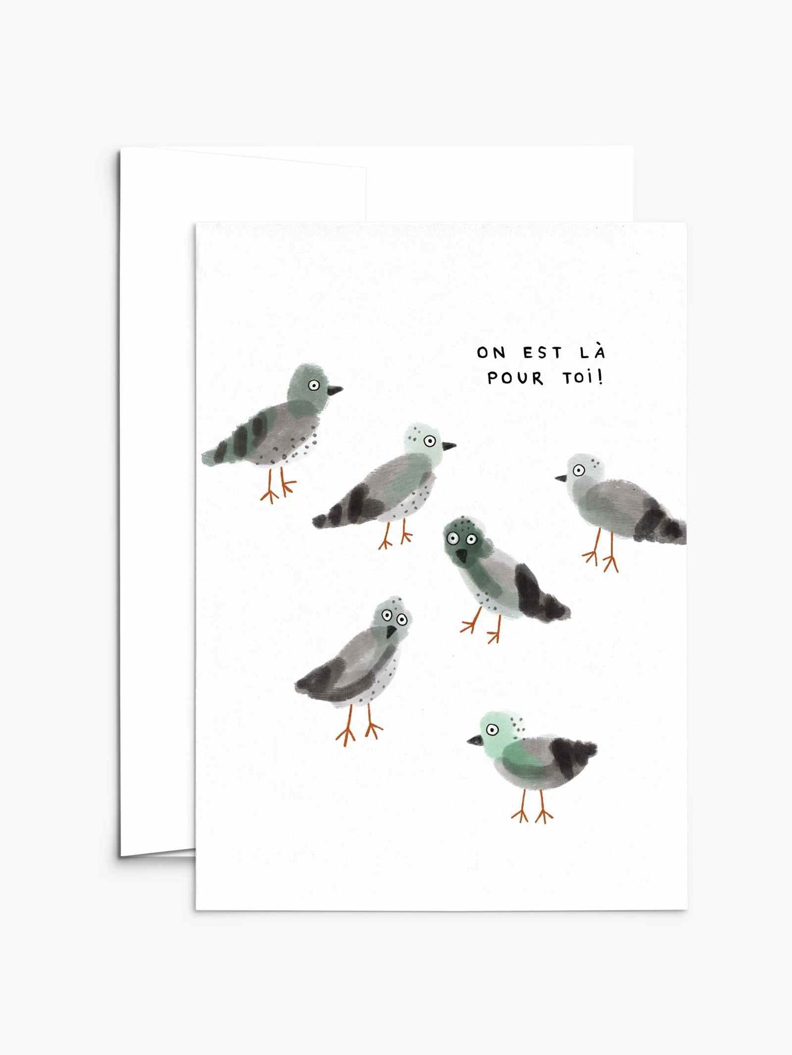 On est là pour toi greeting card with supportive message, recycled paper, blank inside, white envelope, compostable packaging