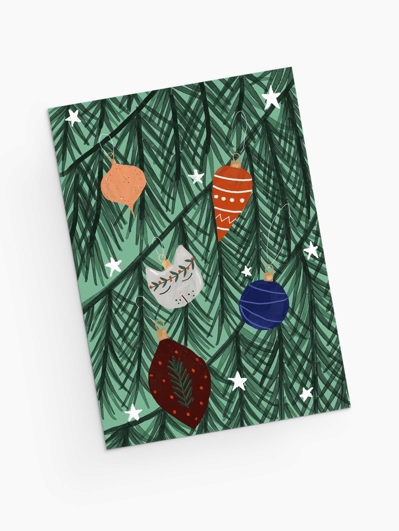 Holiday greeting card with beautiful and colorful ornaments in a Christmas's tree. By Mimi & August
