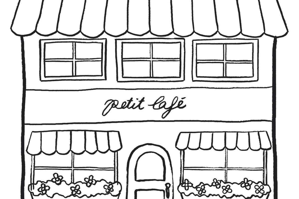 A line drawing of a two-story café with flower boxes and a "petit café" sign—perfect as the Petit Café Coloring Sheet by Mimi & August or as a free printable coloring sheet.