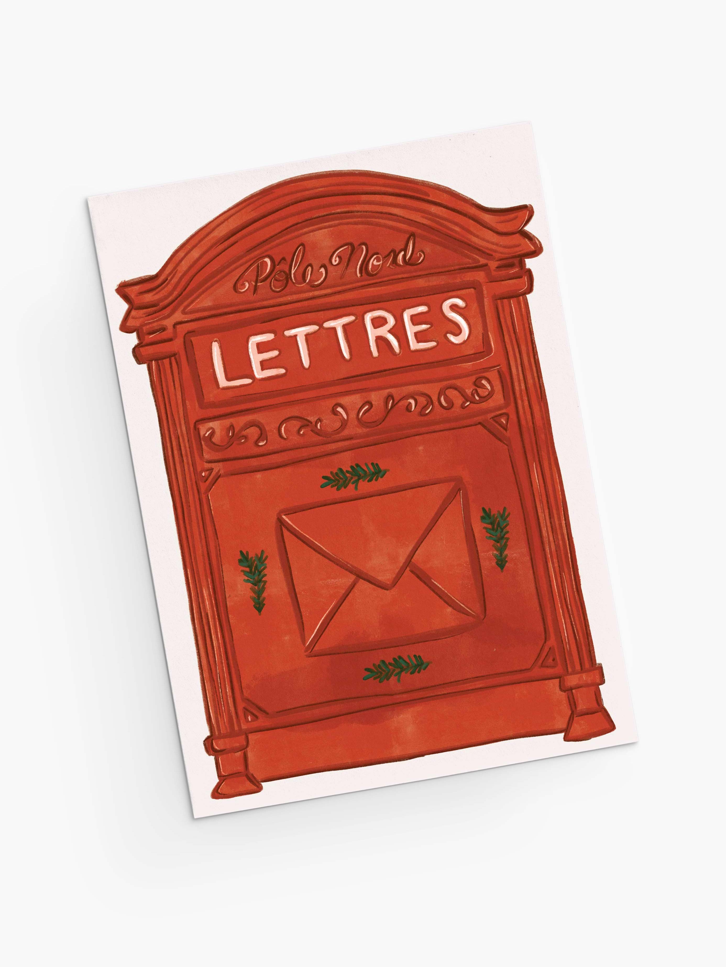 Illustration of a red letterbox labeled "Pôle Nord LETTRES" with green accents, featured on Mimi & August's "Letter to Santa Claus - Christmas Greeting Card," blank inside for your personalized holiday message.