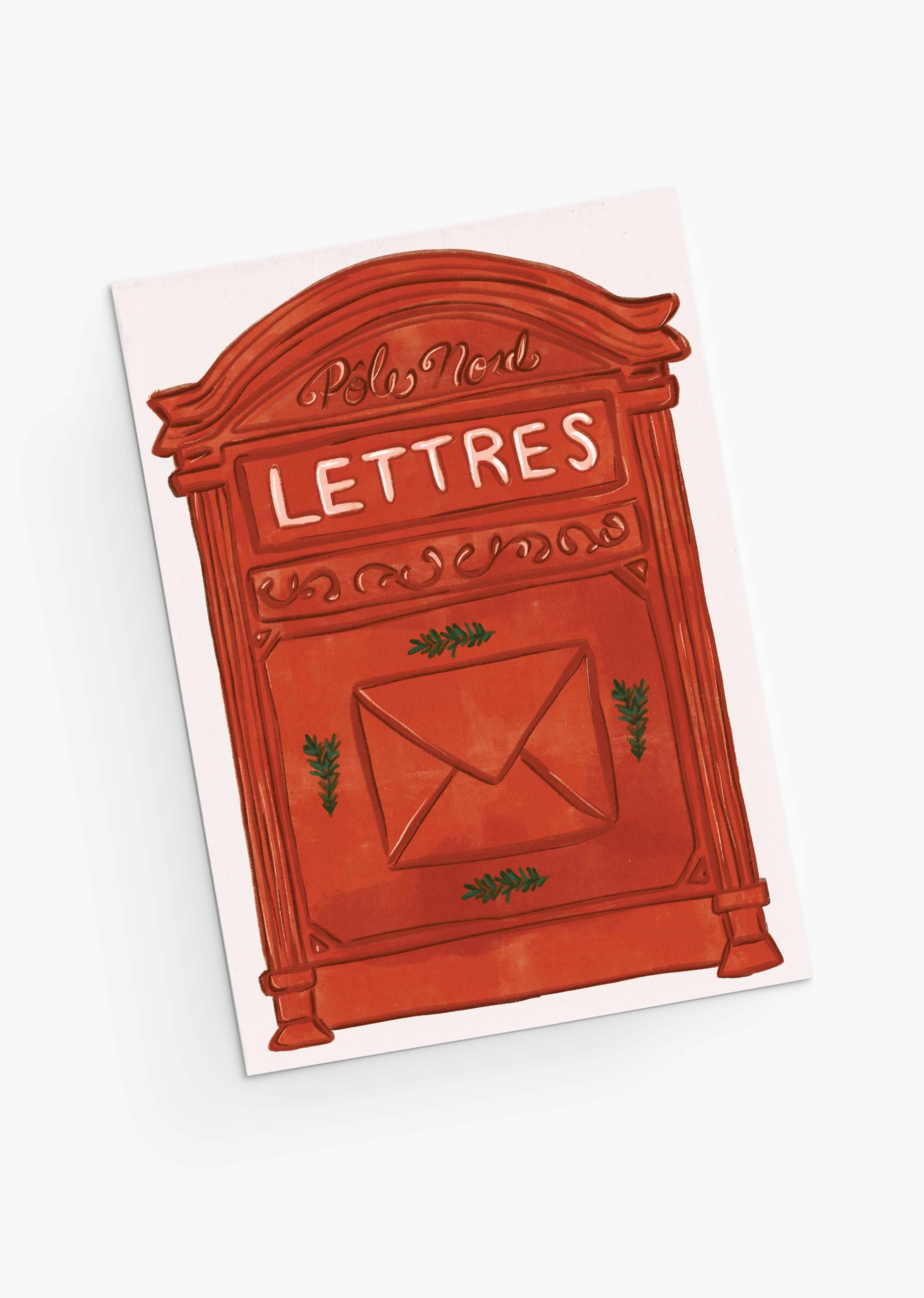 Illustration of a red letterbox labeled "Pôle Nord LETTRES" with green accents, featured on Mimi & August's "Letter to Santa Claus - Christmas Greeting Card," blank inside for your personalized holiday message.