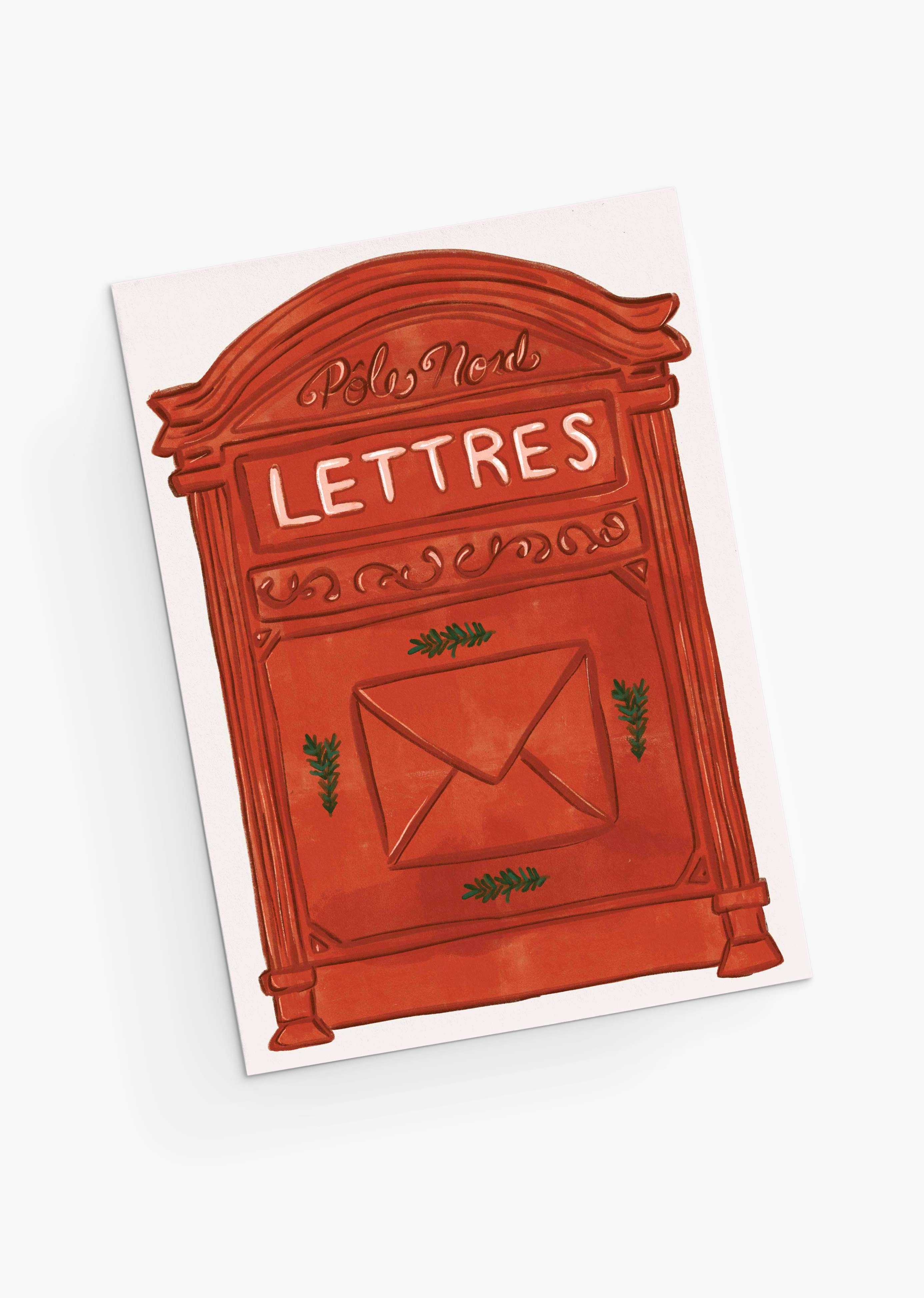 Illustration of a red letterbox labeled "Pôle Nord LETTRES" with green accents, featured on Mimi & August's "Letter to Santa Claus - Christmas Greeting Card," blank inside for your personalized holiday message.
