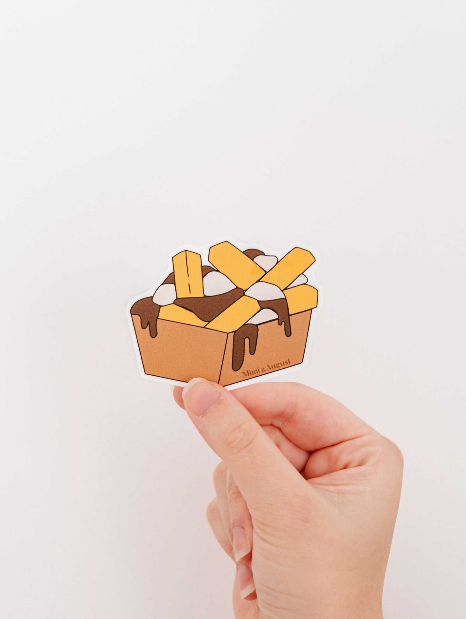 Vinyl sticker of hot poutine with fries, cheese curds, and gravy in a cute, bite-sized design