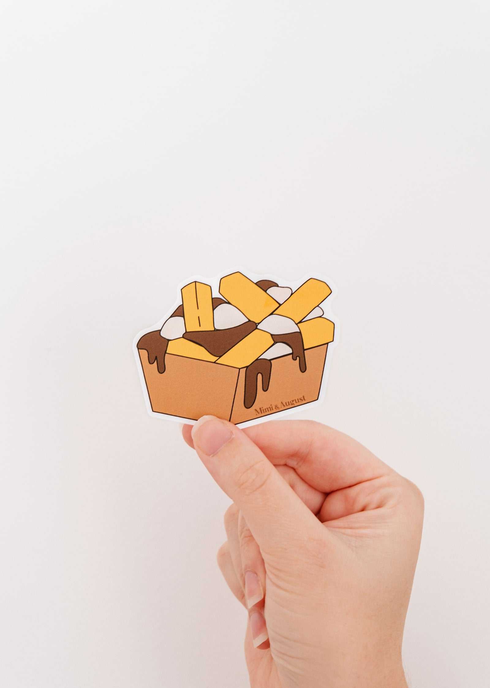 Vinyl sticker of hot poutine with fries, cheese curds, and gravy in a cute, bite-sized design