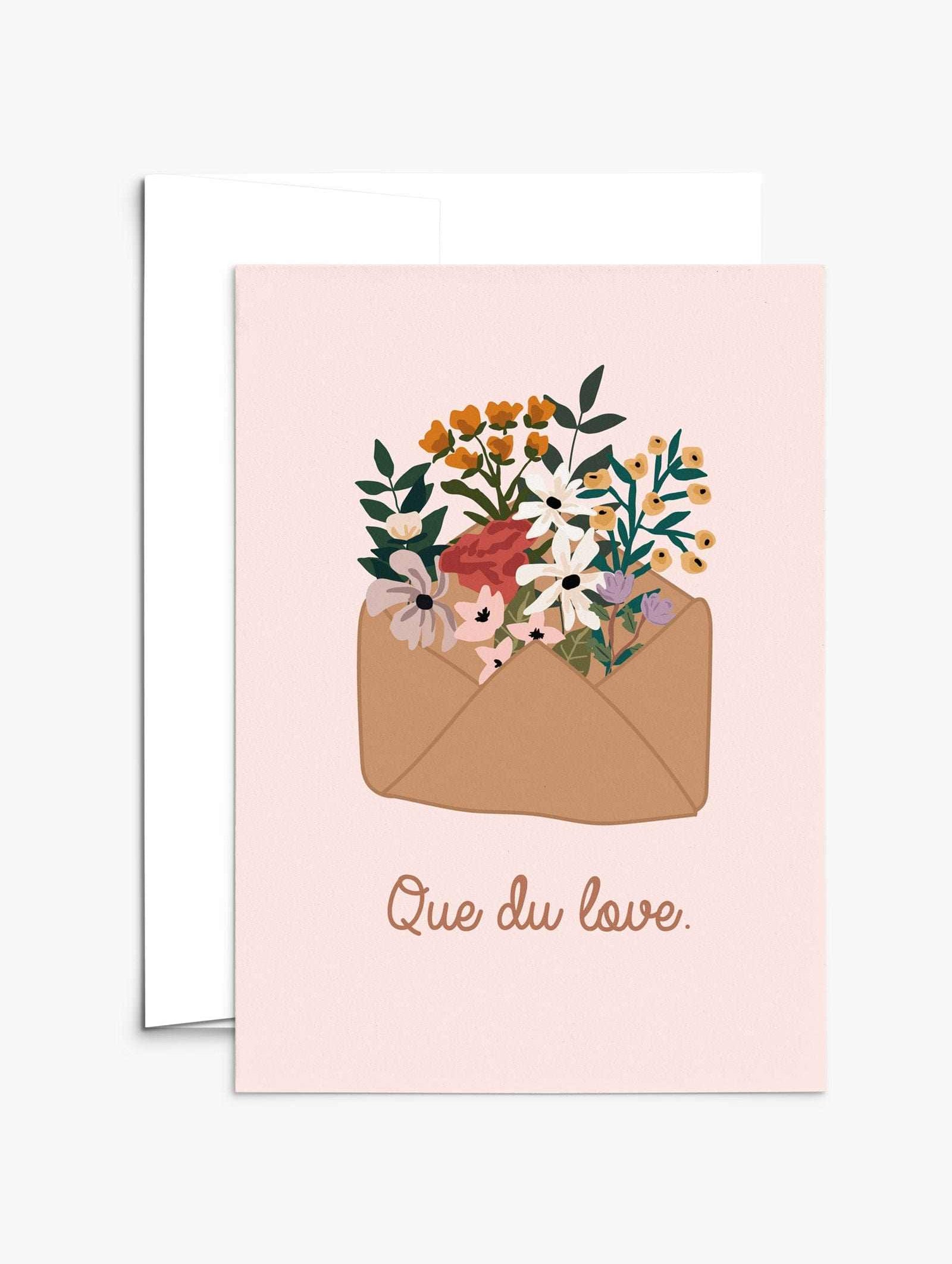 Que du love Greeting Card with love message on recycled paper and compostable packaging