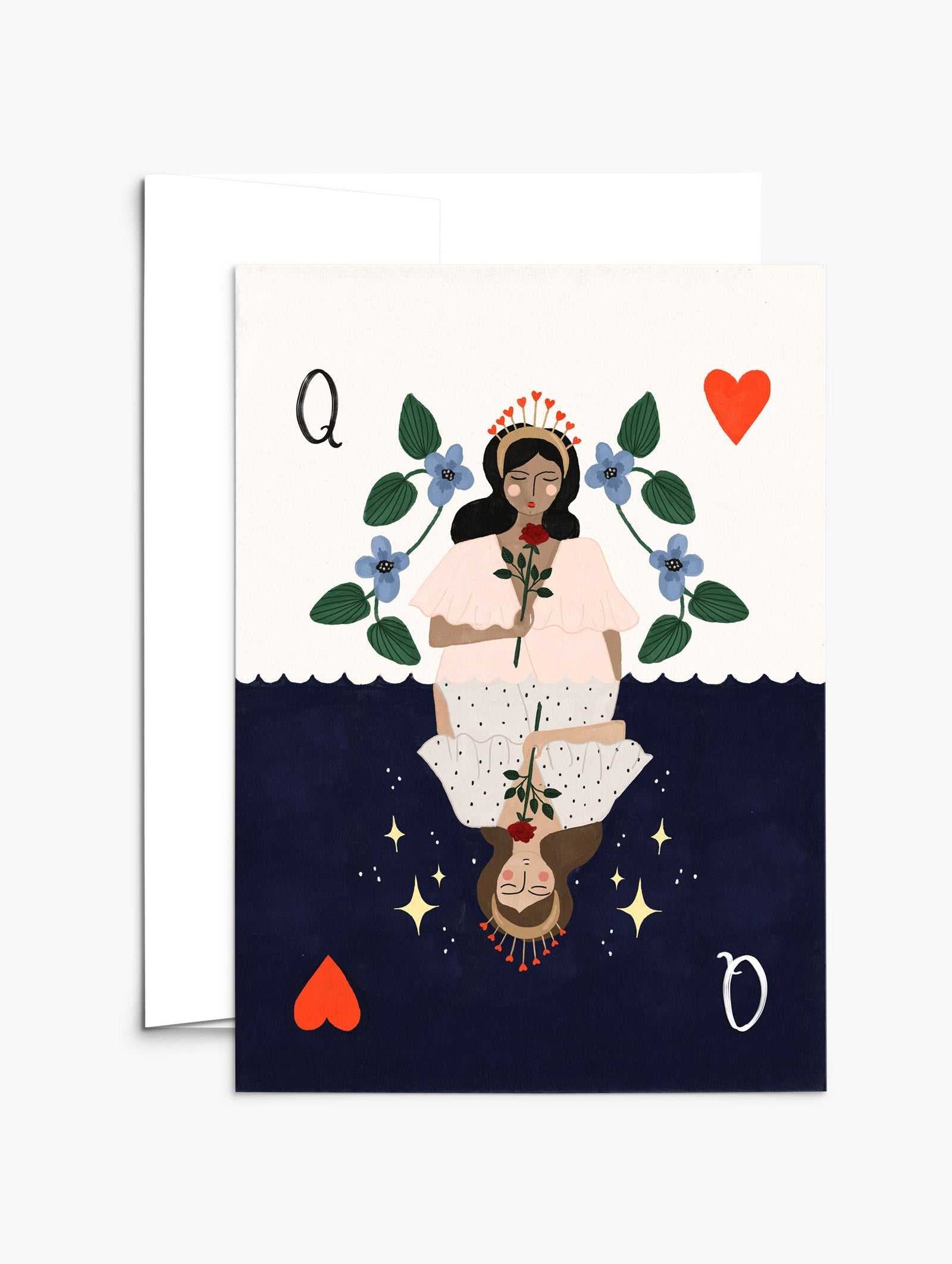Queen of hearts greeting card with floral and star design on recycled paper