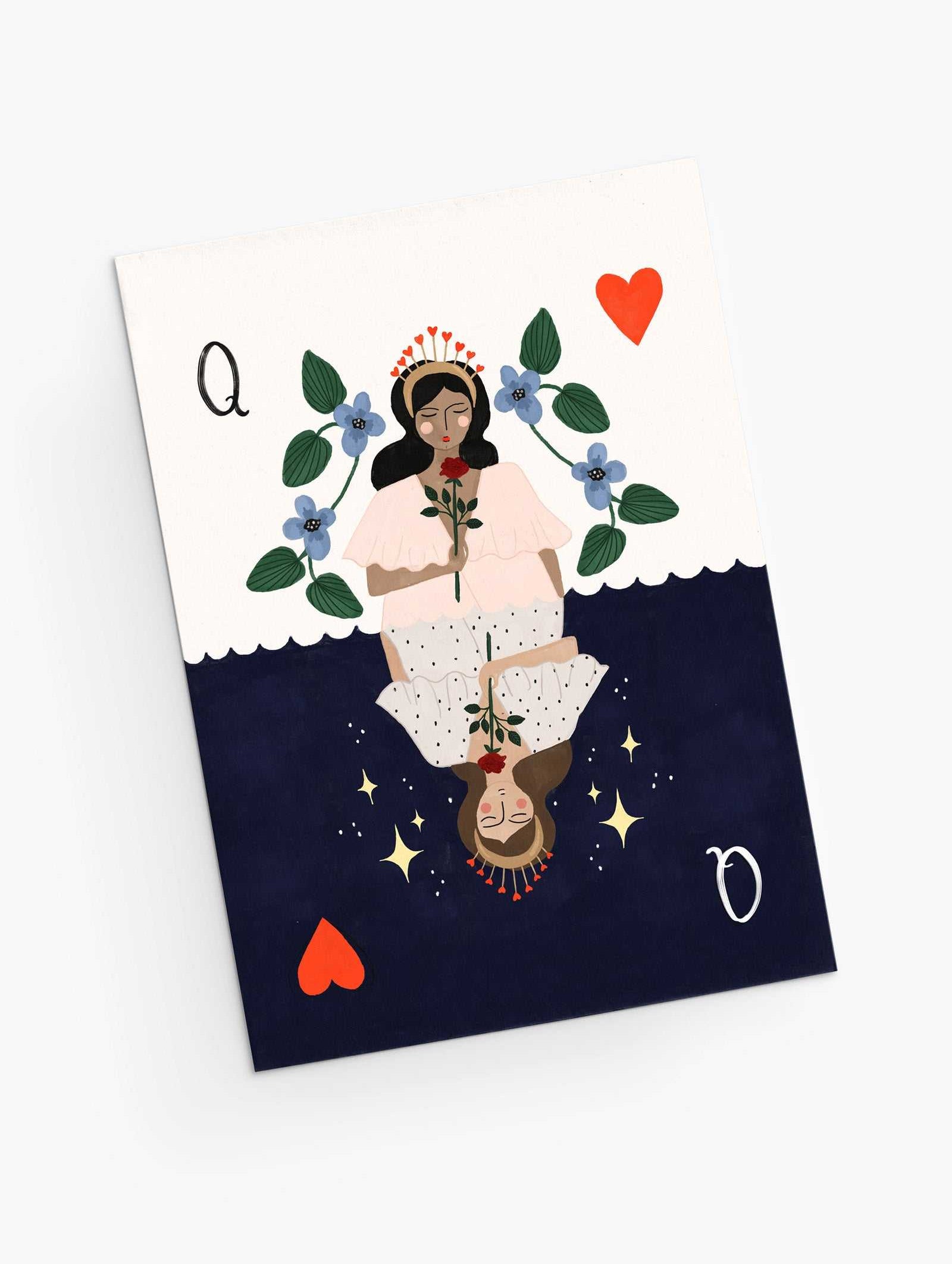 Queen of heart greeting card by Mimi & August. Made in Montreal. Beautiful card with hearts, the queen, stars and flowers.