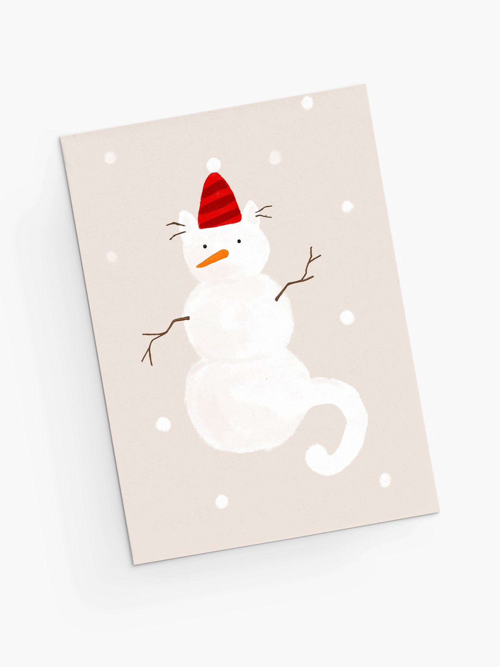 Snowy cute cat in a shape of snowman. Little snowflakes everywhere. Christmas greeting card by Mimi & August