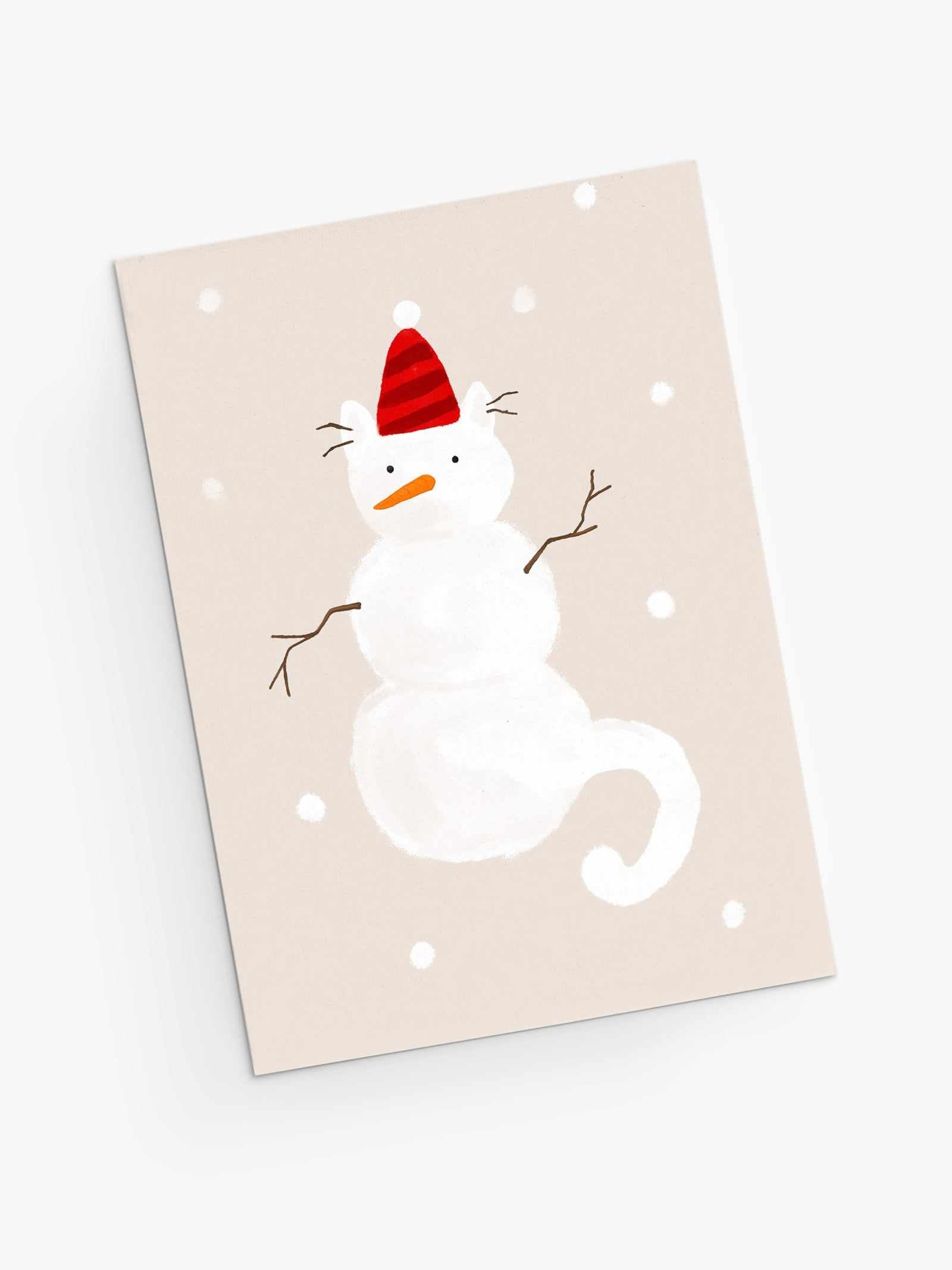 Snowy cute cat in a shape of snowman. Little snowflakes everywhere. Christmas greeting card by Mimi & August