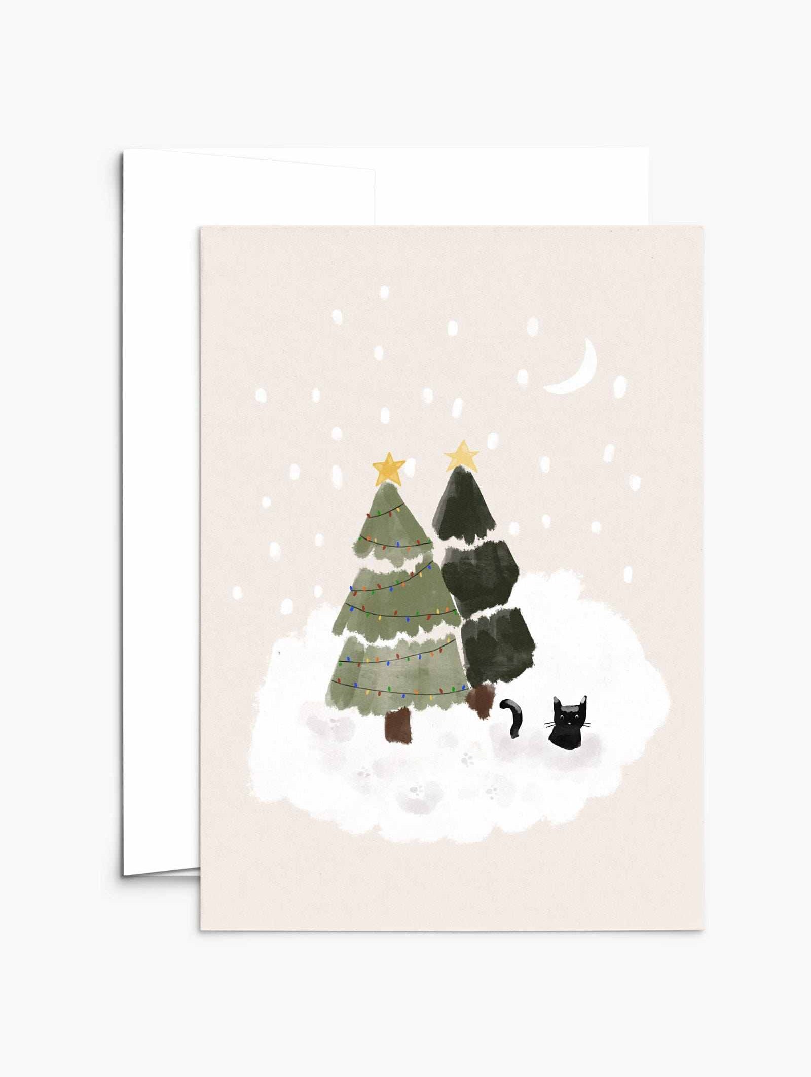 Snowy cat Christmas greeting card on recycled paper with compostable packaging