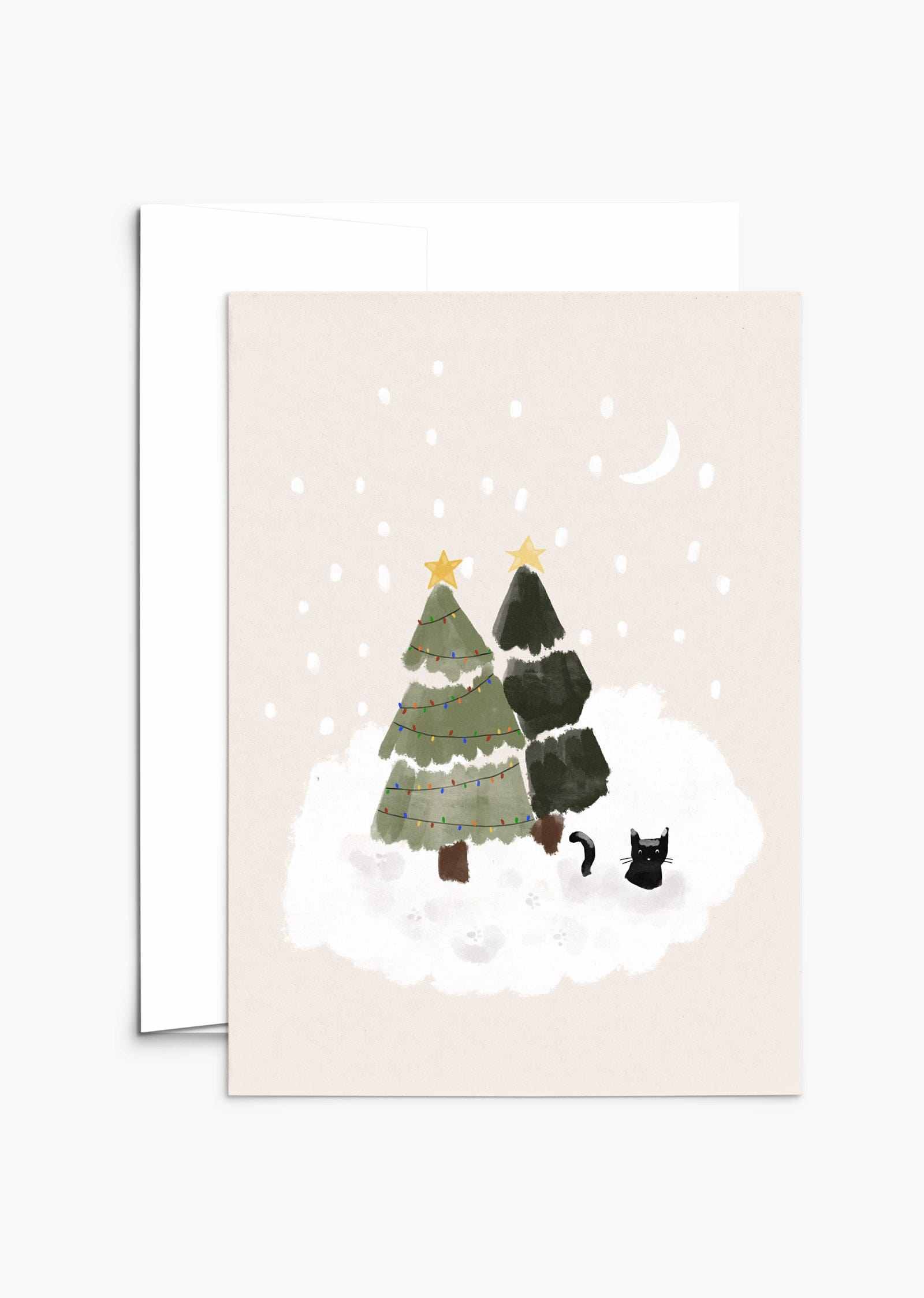 Snowy cat Christmas greeting card on recycled paper with compostable packaging