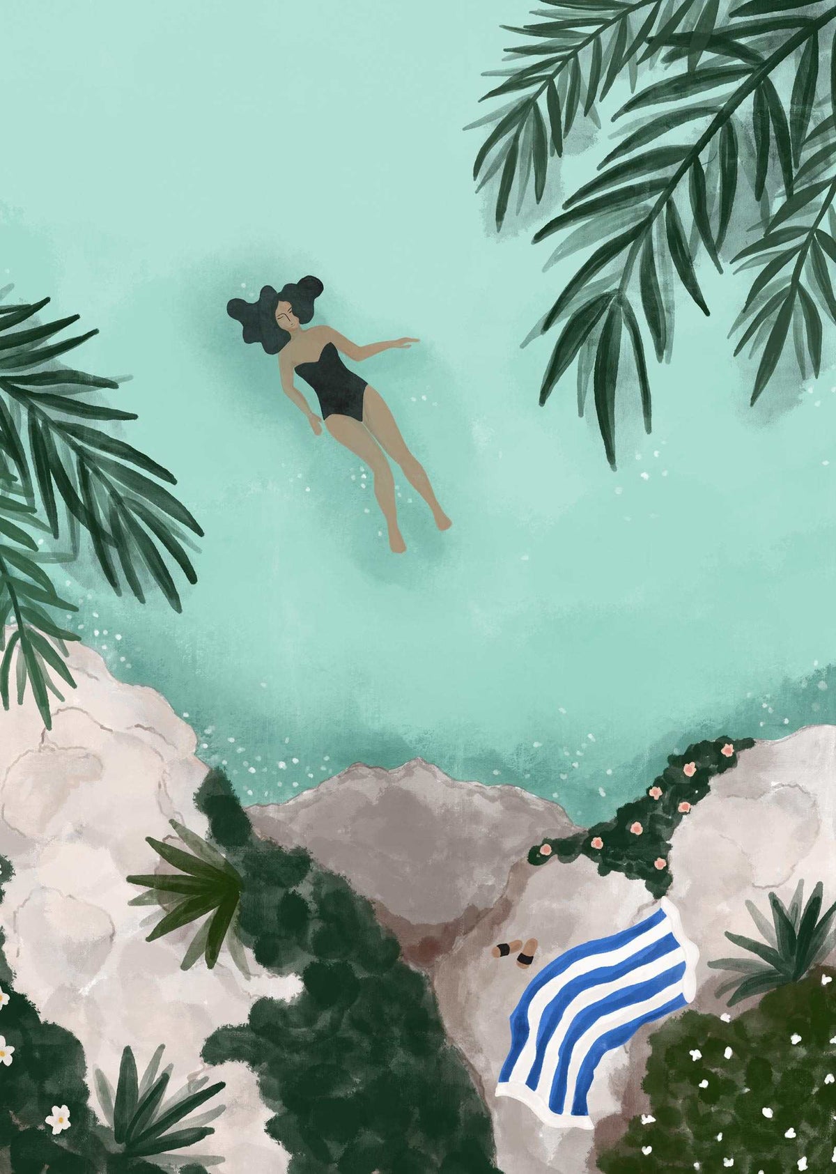 Swimming Art Print of woman swimming in tranquil water oasis with lush plants and rocks