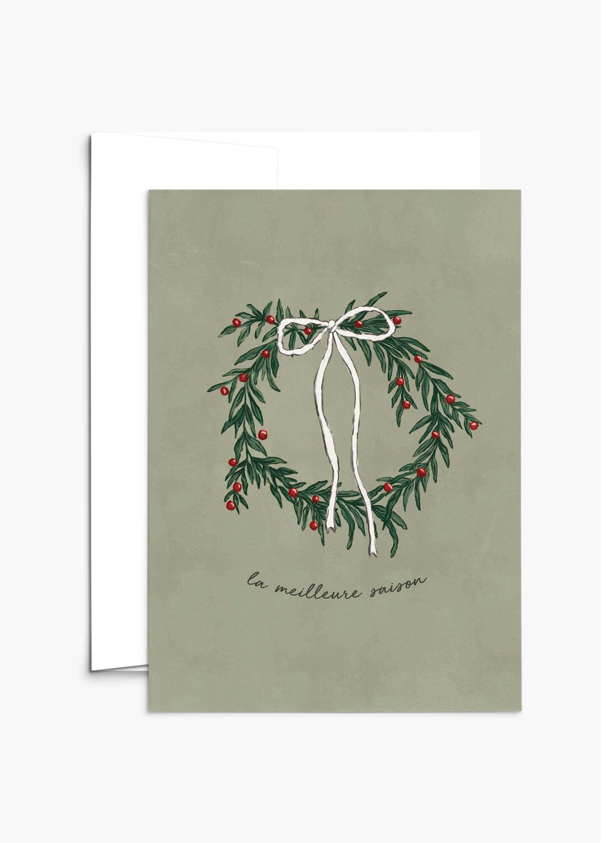 The Best Season Christmas Greeting Card with hand-illustrated wreath and red berries on recycled paper