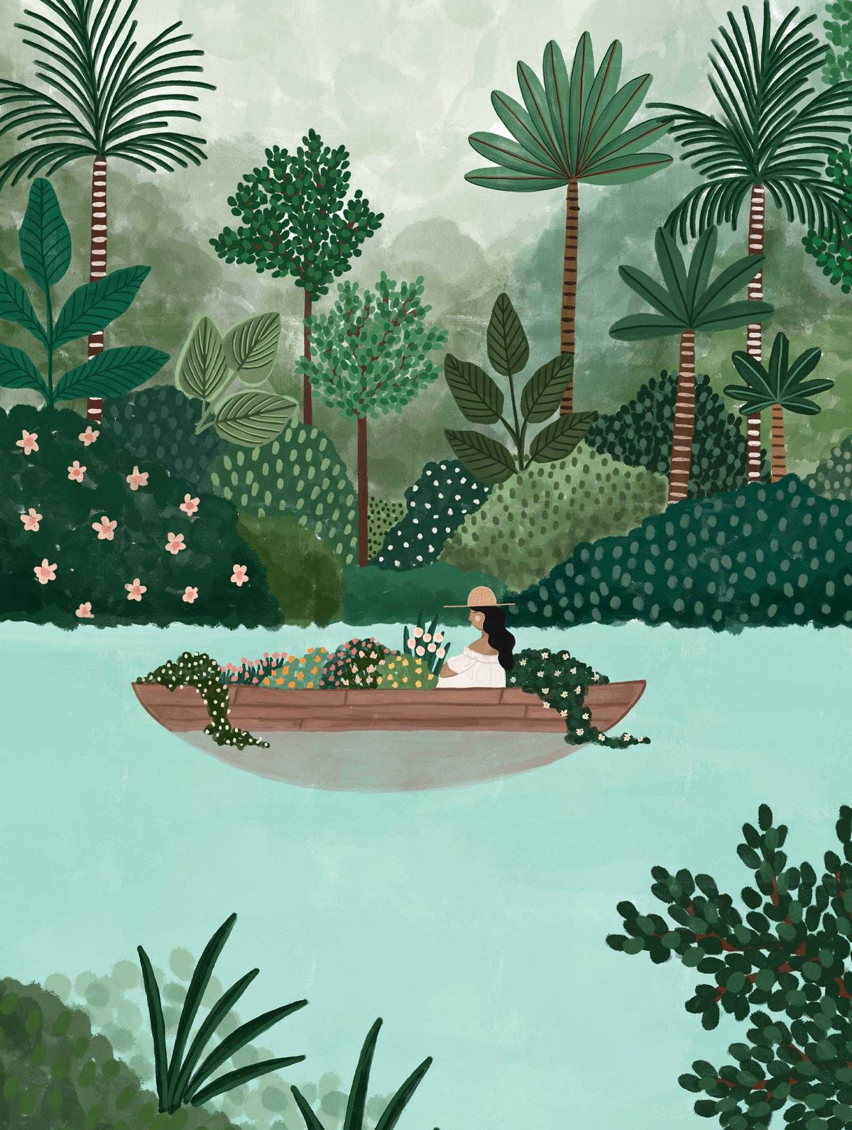 The Lake art print depicting a woman in a boat on clear water surrounded by lush trees