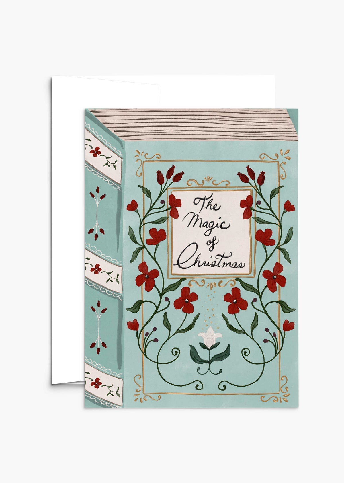 The Magic of Christmas vintage storybook style greeting card with soft blue background and red floral details