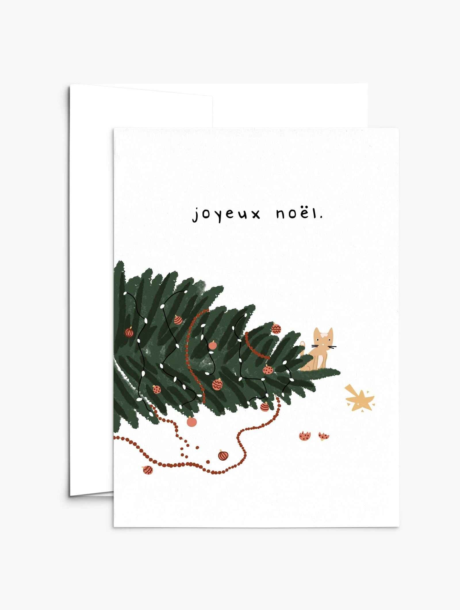 Christmas greeting card with cat design, 5x7 inches, blank inside, recycled paper, white envelope, compostable packaging, thick matte cardstock