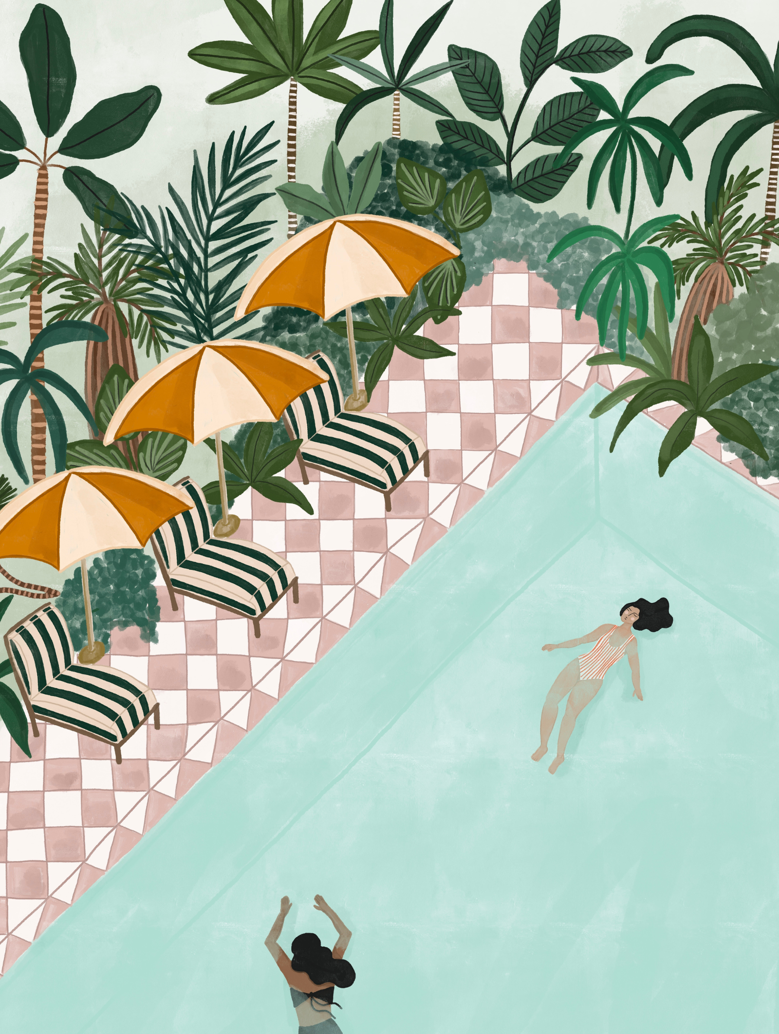 Illustration of two people swimming in a pool with checkerboard tiles, surrounded by green plants and vibrant flowers, with three striped lounge chairs under yellow and white umbrellas. This scene makes for a high-quality Mimi & August Vacation Art Print that captures the essence of leisurely summer days.