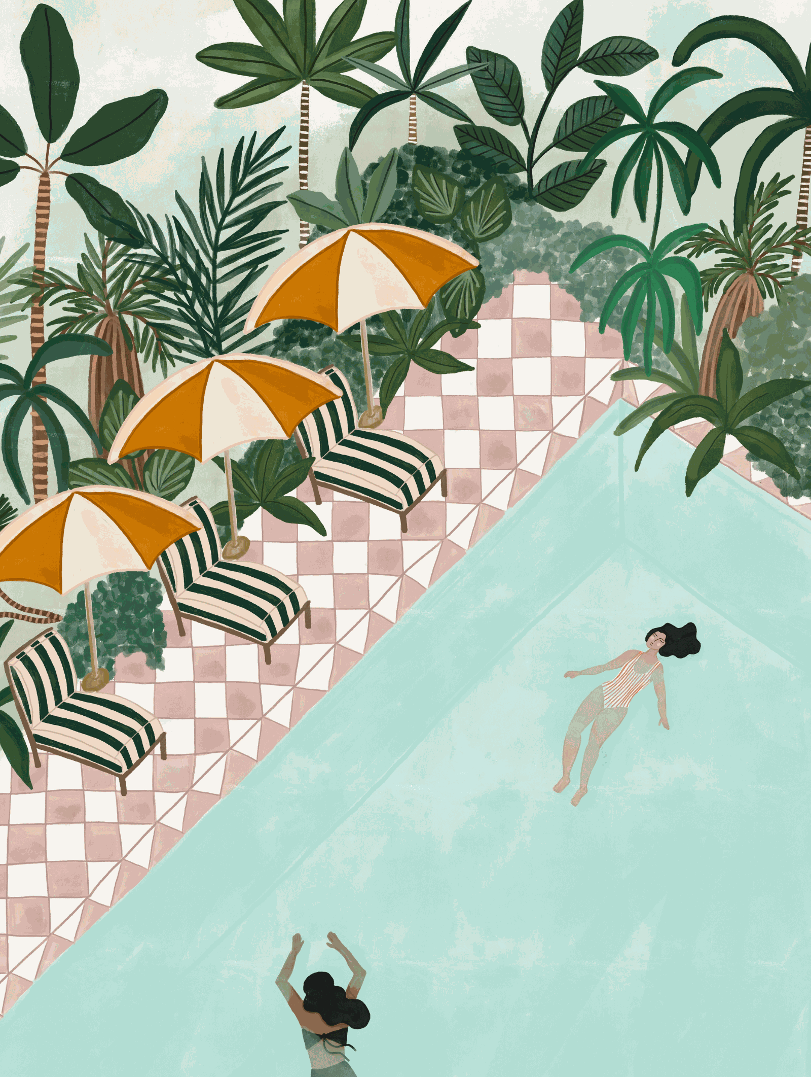 Vacation Art Print featuring playful swimming illustration with greenery and flowers on recycled paper