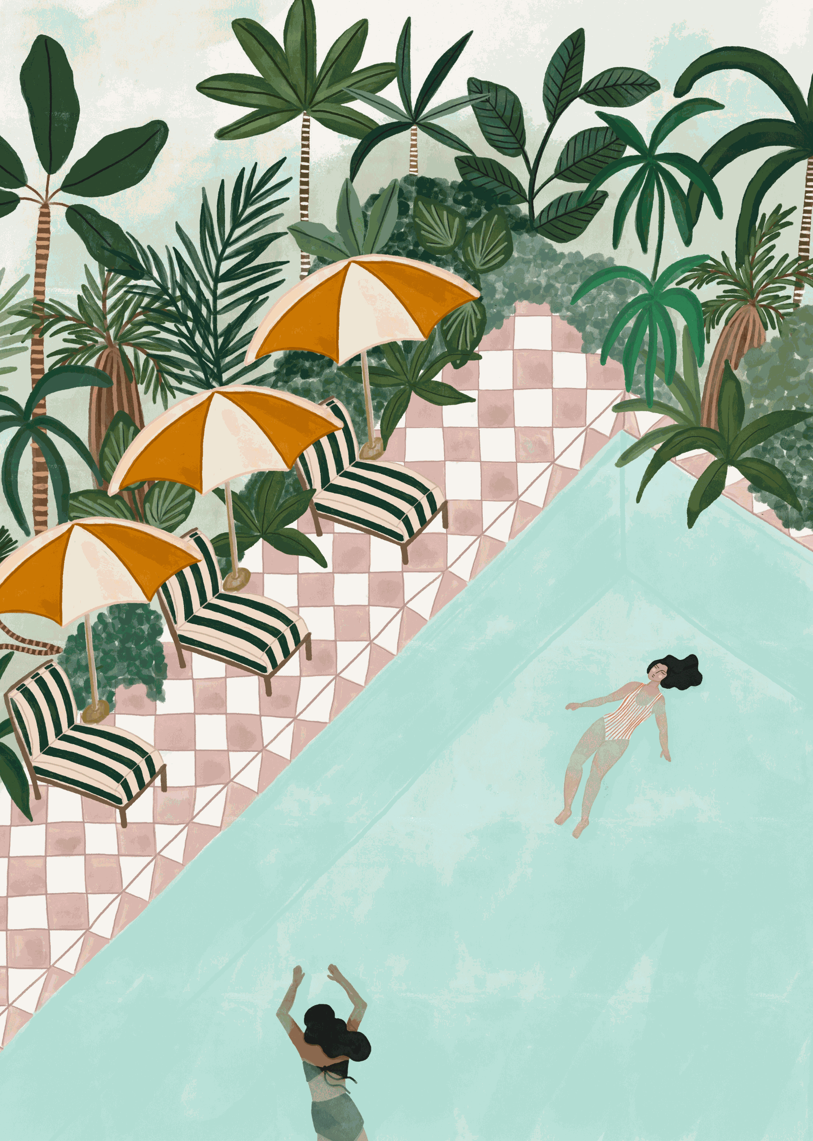 Vacation Art Print featuring playful swimming illustration with greenery and flowers on recycled paper