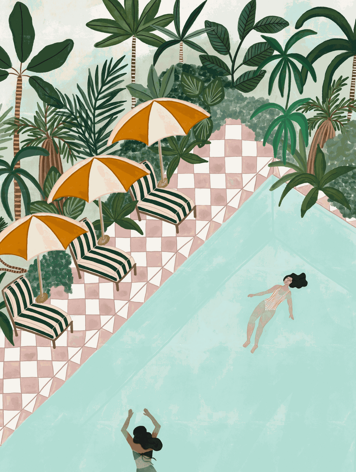 Vacation Art Print featuring playful swimming illustration with greenery and flowers on recycled paper