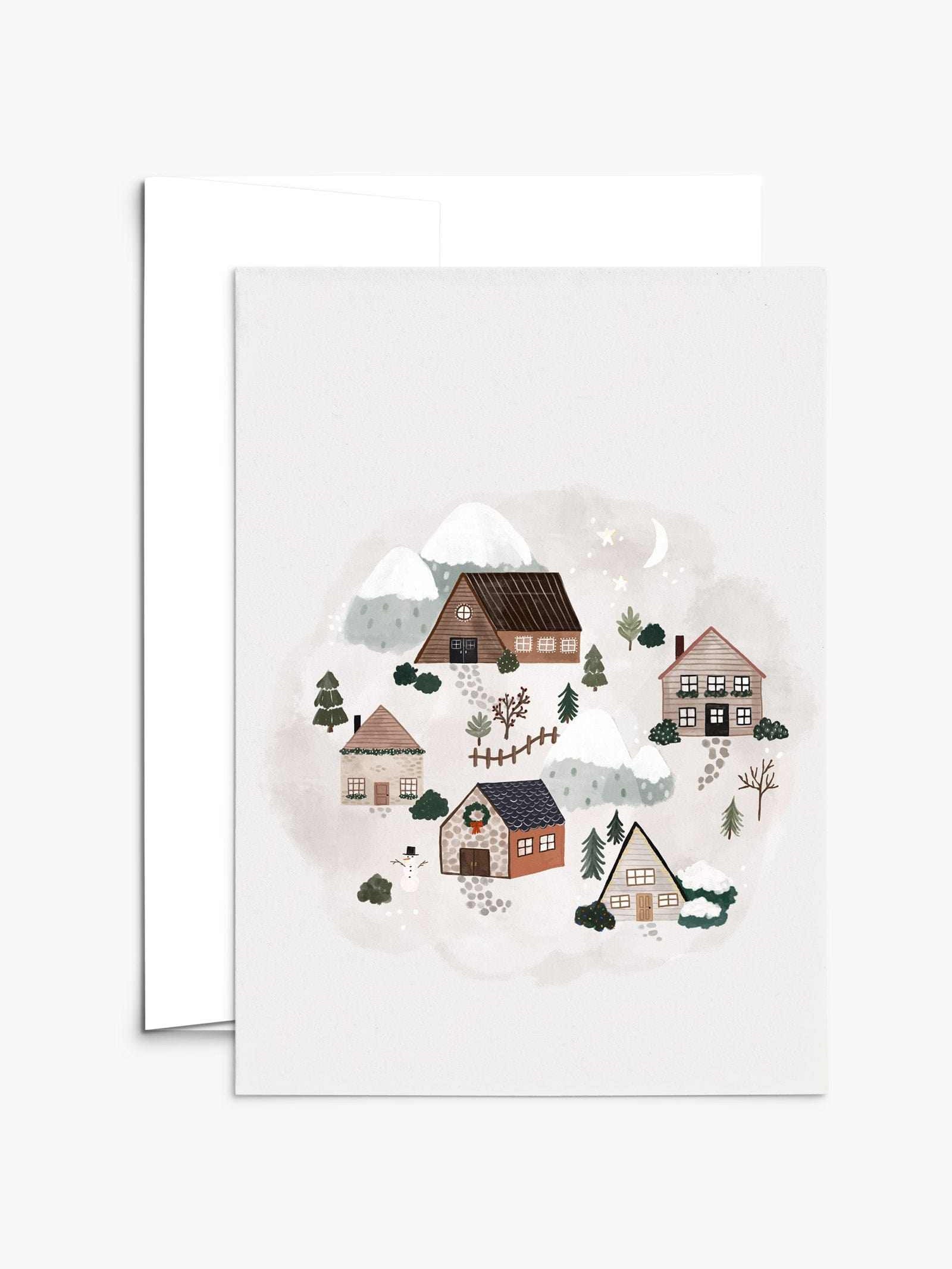 Holiday Village greeting card with holiday village illustration on recycled thick matte cardstock in compostable packaging