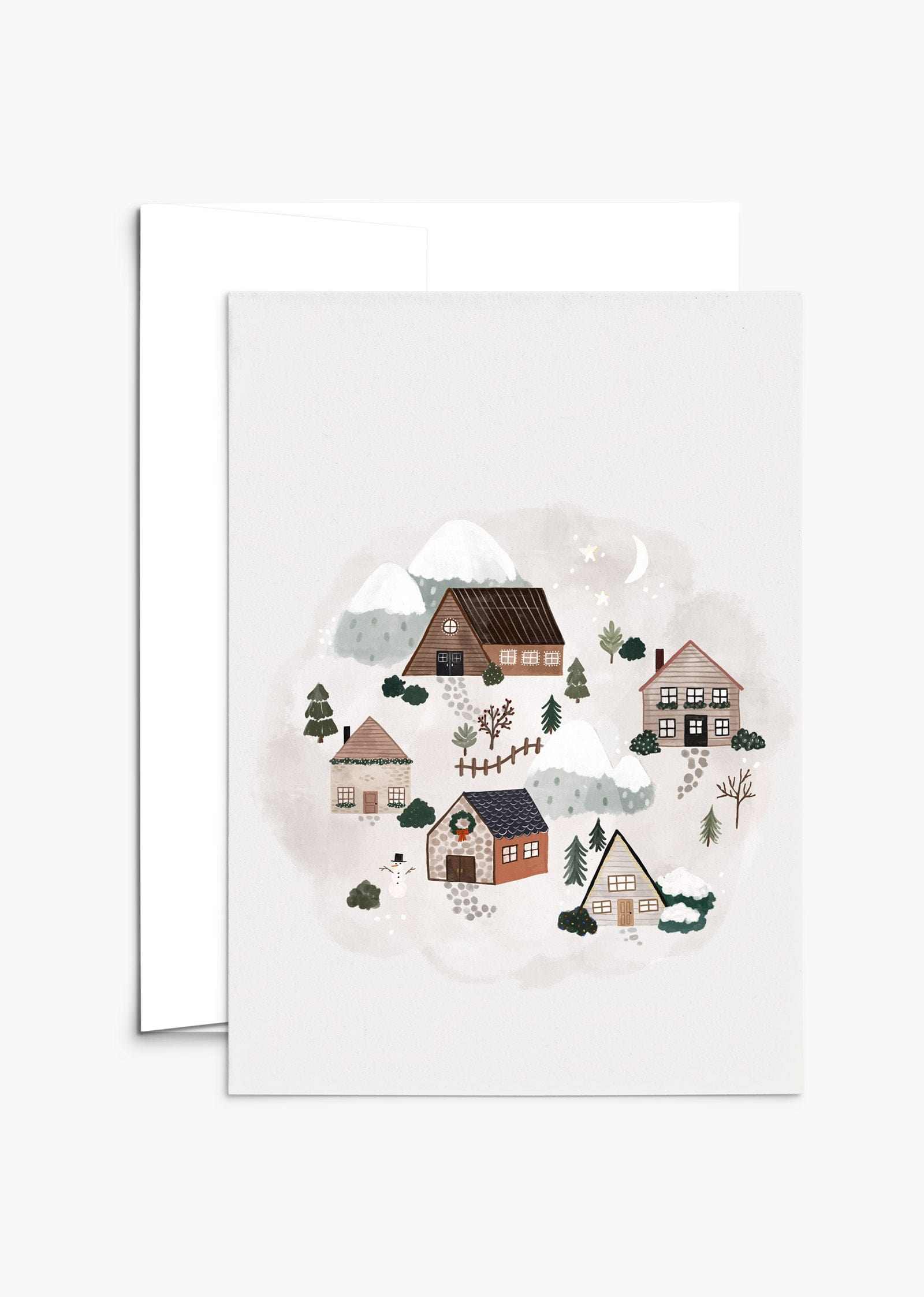 Holiday Village greeting card with holiday village illustration on recycled thick matte cardstock in compostable packaging