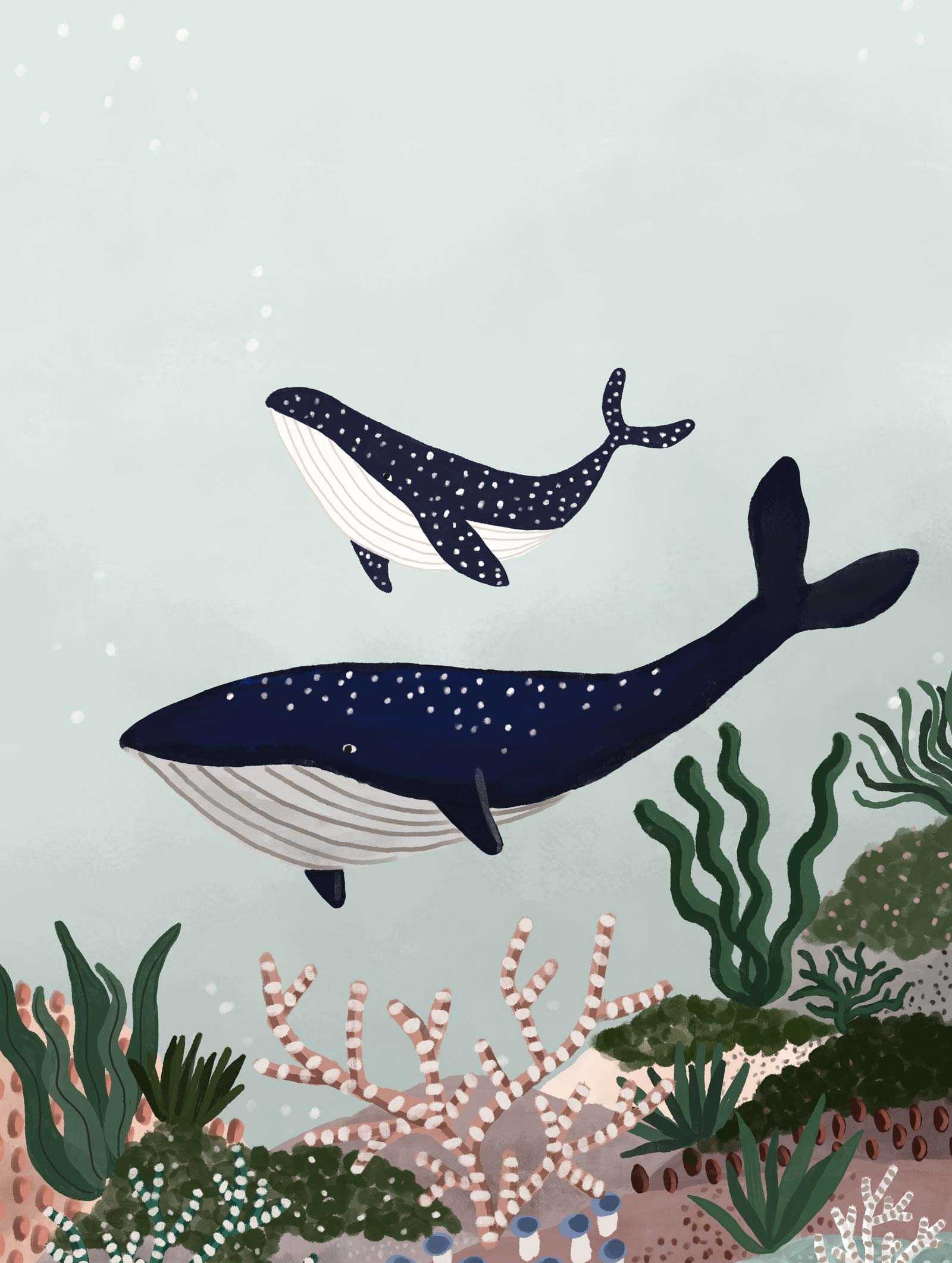 Whales art print featuring mother whale and baby in ocean, high quality full color recycled paper illustration