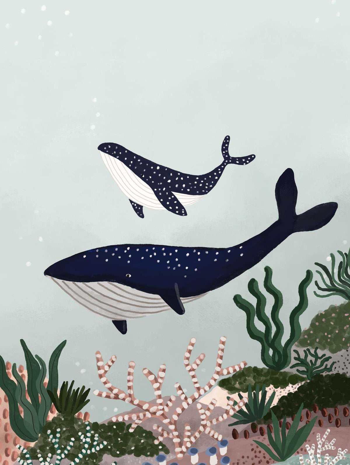 Whales art print featuring mother whale and baby in ocean, high quality full color recycled paper illustration