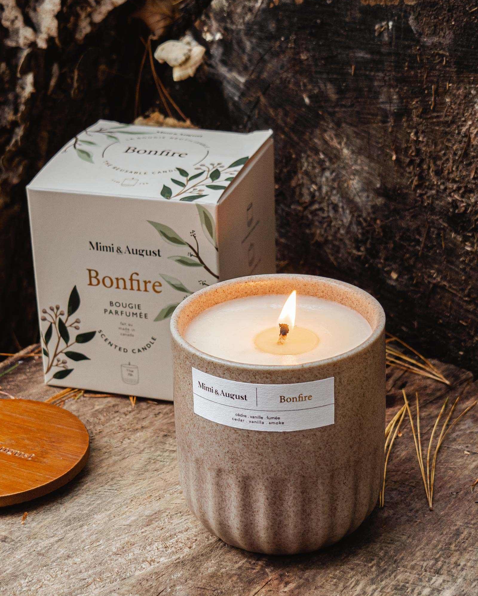 Unique candle that smells like campfire.