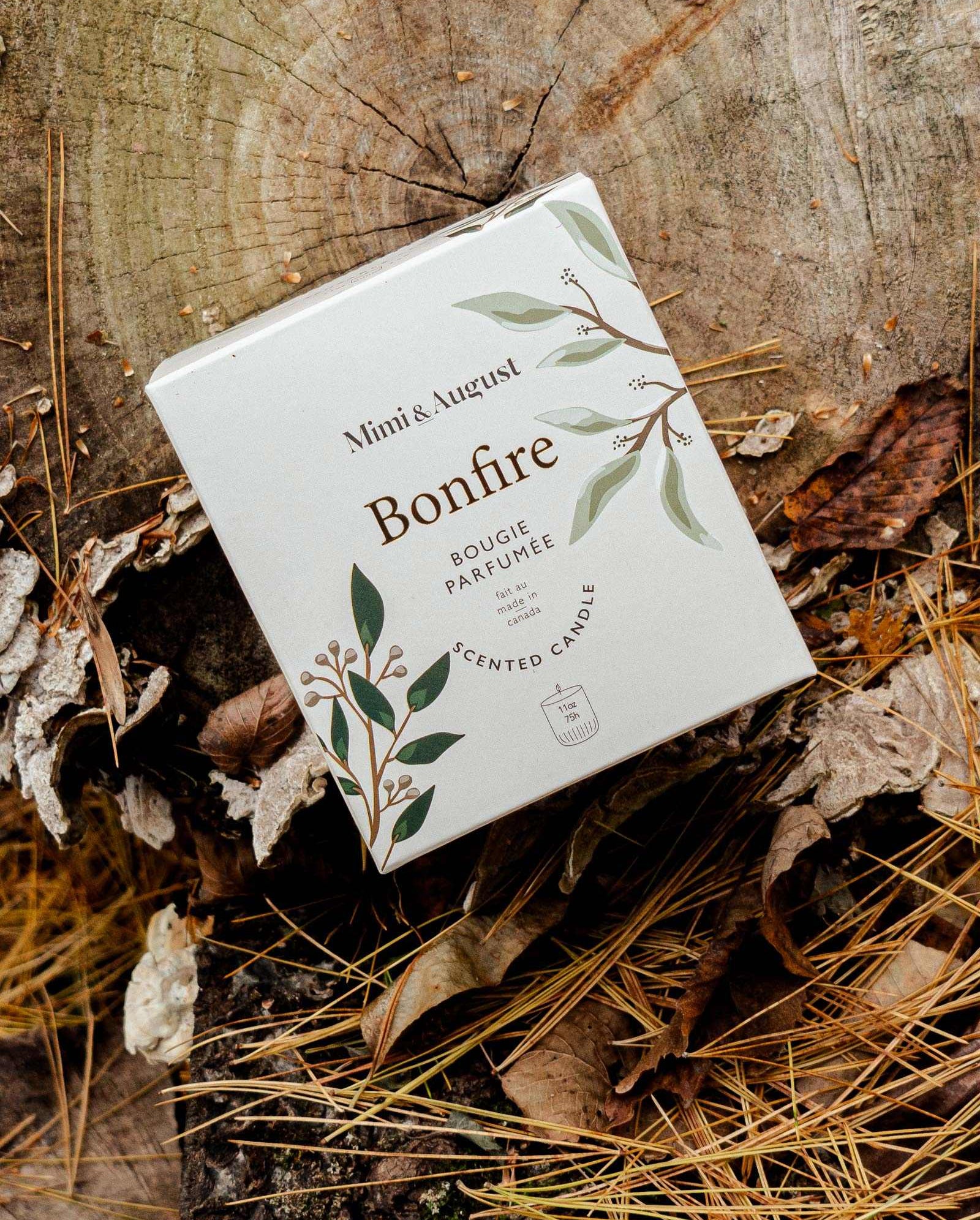 Bonfire eco friendly candle notes of cedar, vanilla, smoke