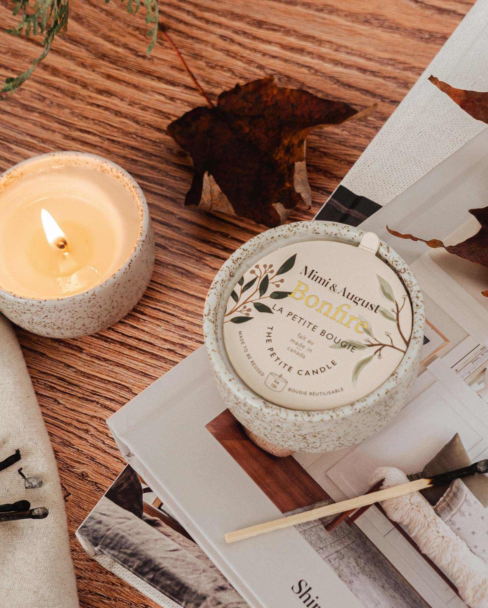 Bonfire Reusable Candle size 3 oz by mimi and august