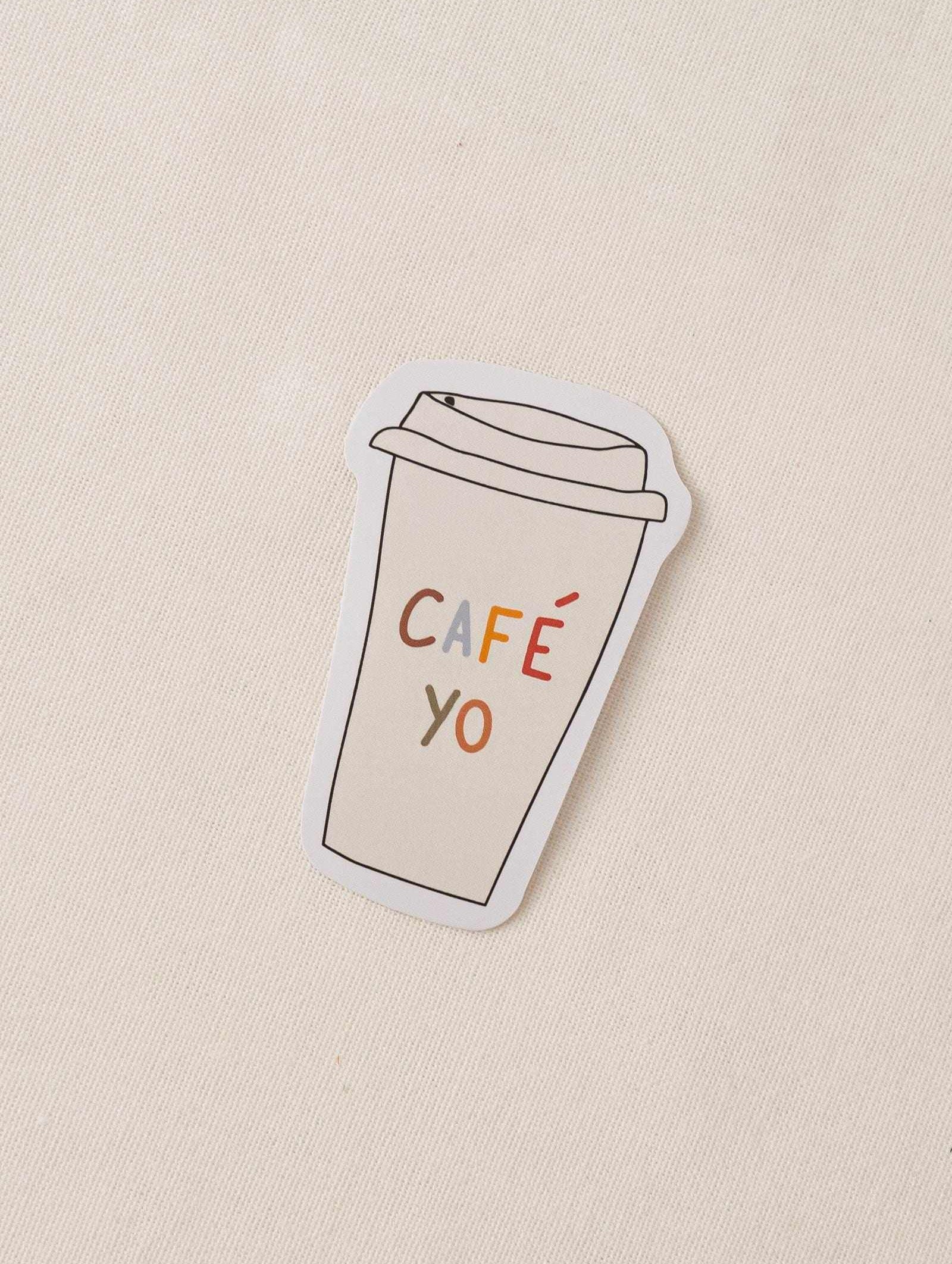 Vinyl sticker of a coffee cup with café yo text, durable and water-resistant design