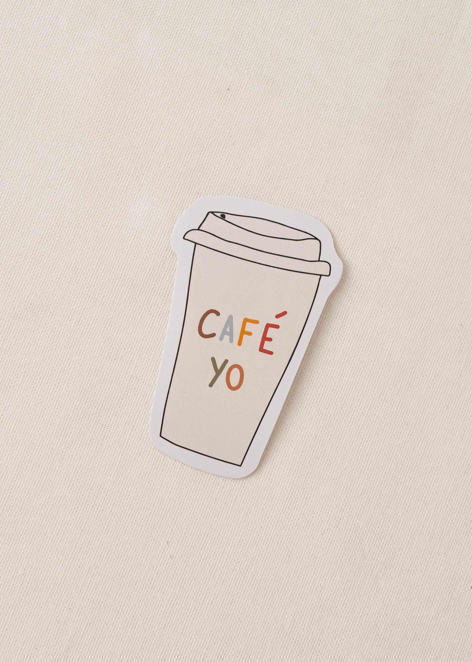 Vinyl sticker of a coffee cup with café yo text, durable and water-resistant design